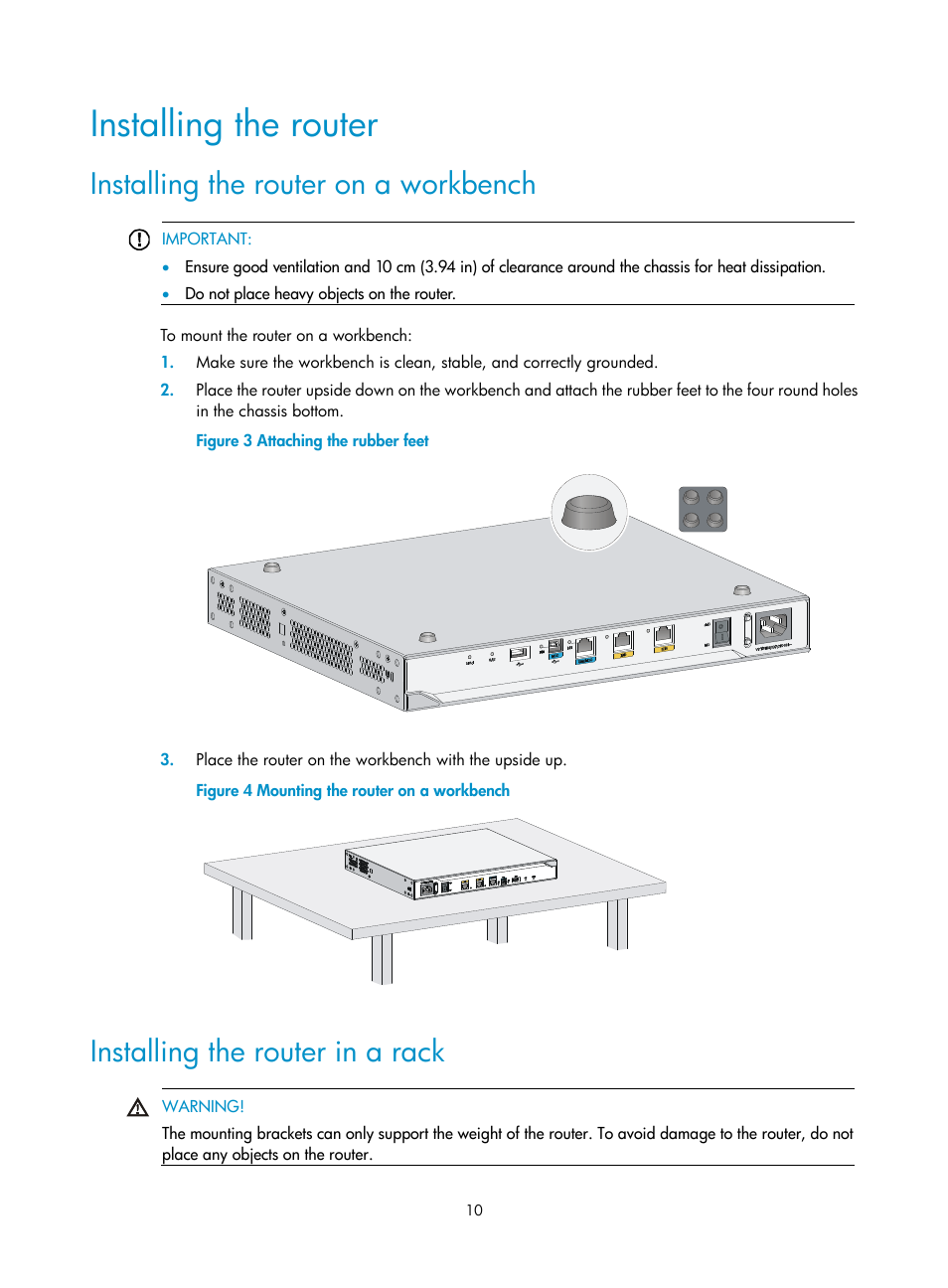 Installing the router, Installing the router on a workbench, Installing the router in a rack | H3C Technologies H3C MSR 2600 User Manual | Page 17 / 65