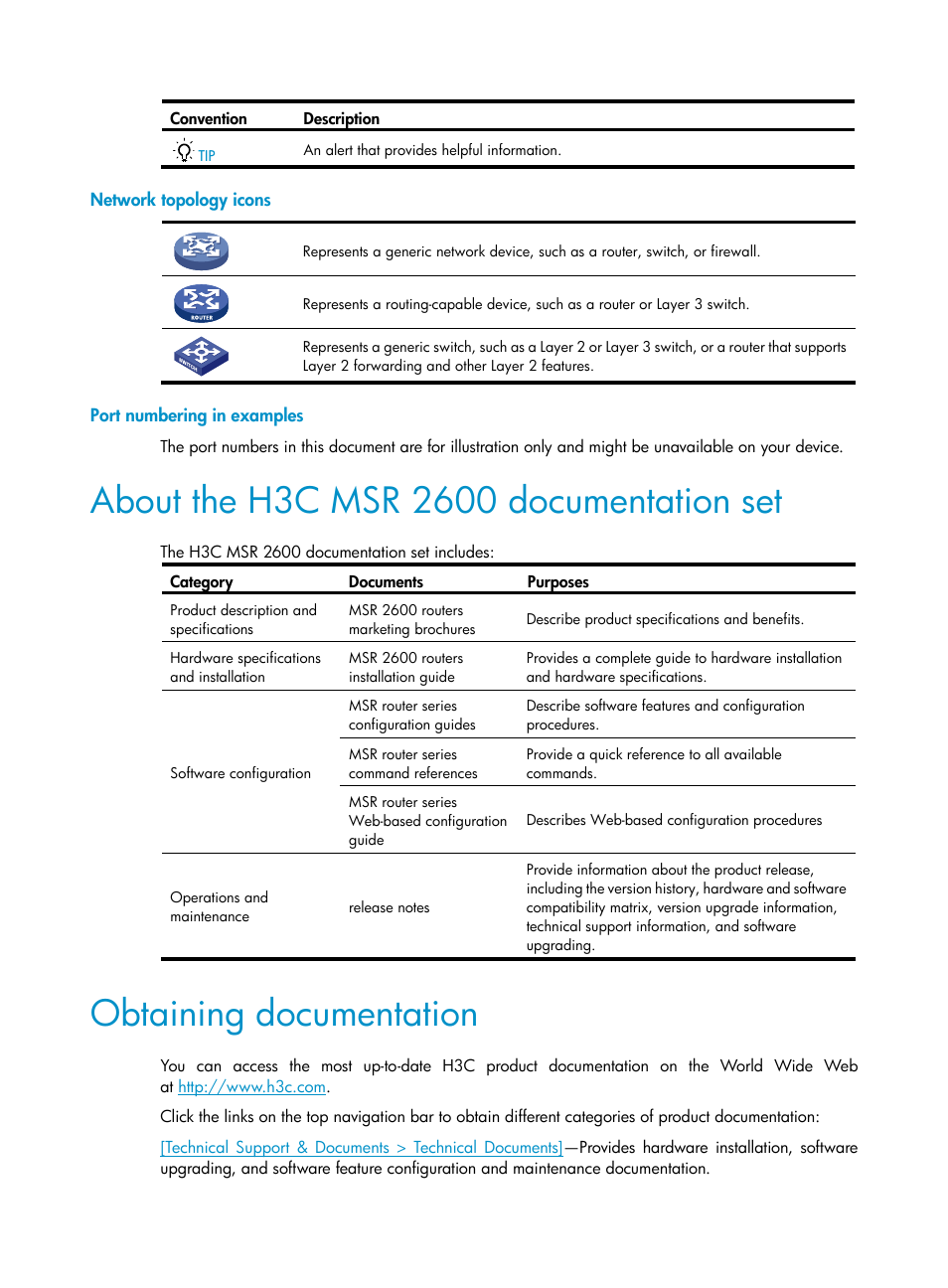 Network topology icons, Port numbering in examples, About the h3c msr 2600 documentation set | Obtaining documentation | H3C Technologies H3C MSR 2600 User Manual | Page 4 / 65