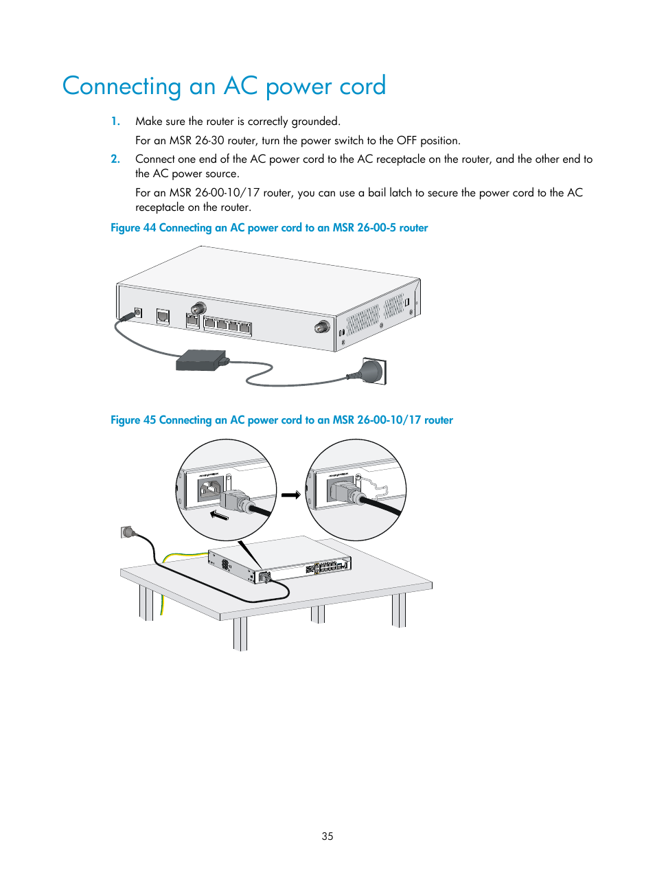 Connecting an ac power cord | H3C Technologies H3C MSR 2600 User Manual | Page 42 / 65