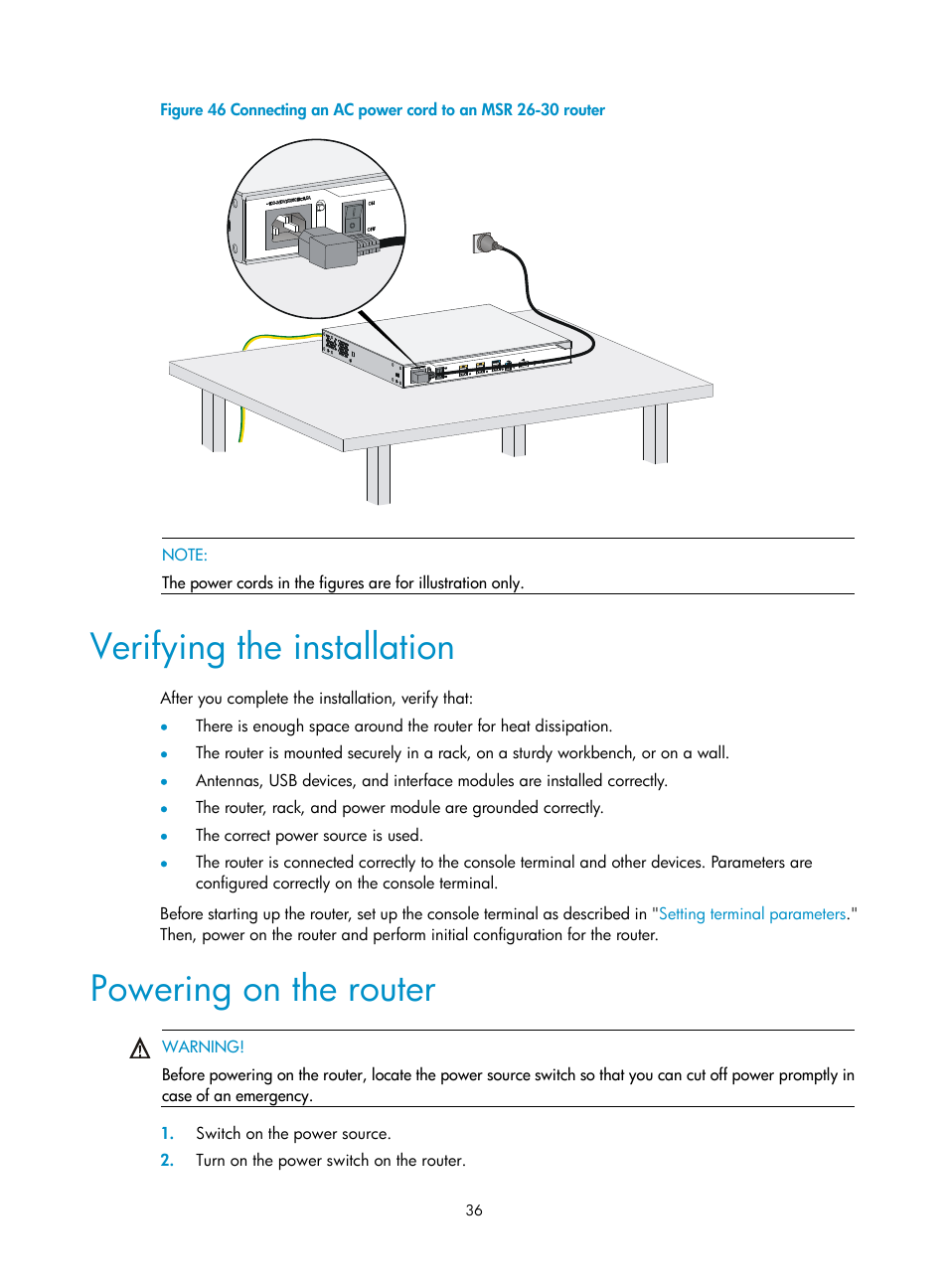 Verifying the installation, Powering on the router | H3C Technologies H3C MSR 2600 User Manual | Page 43 / 65