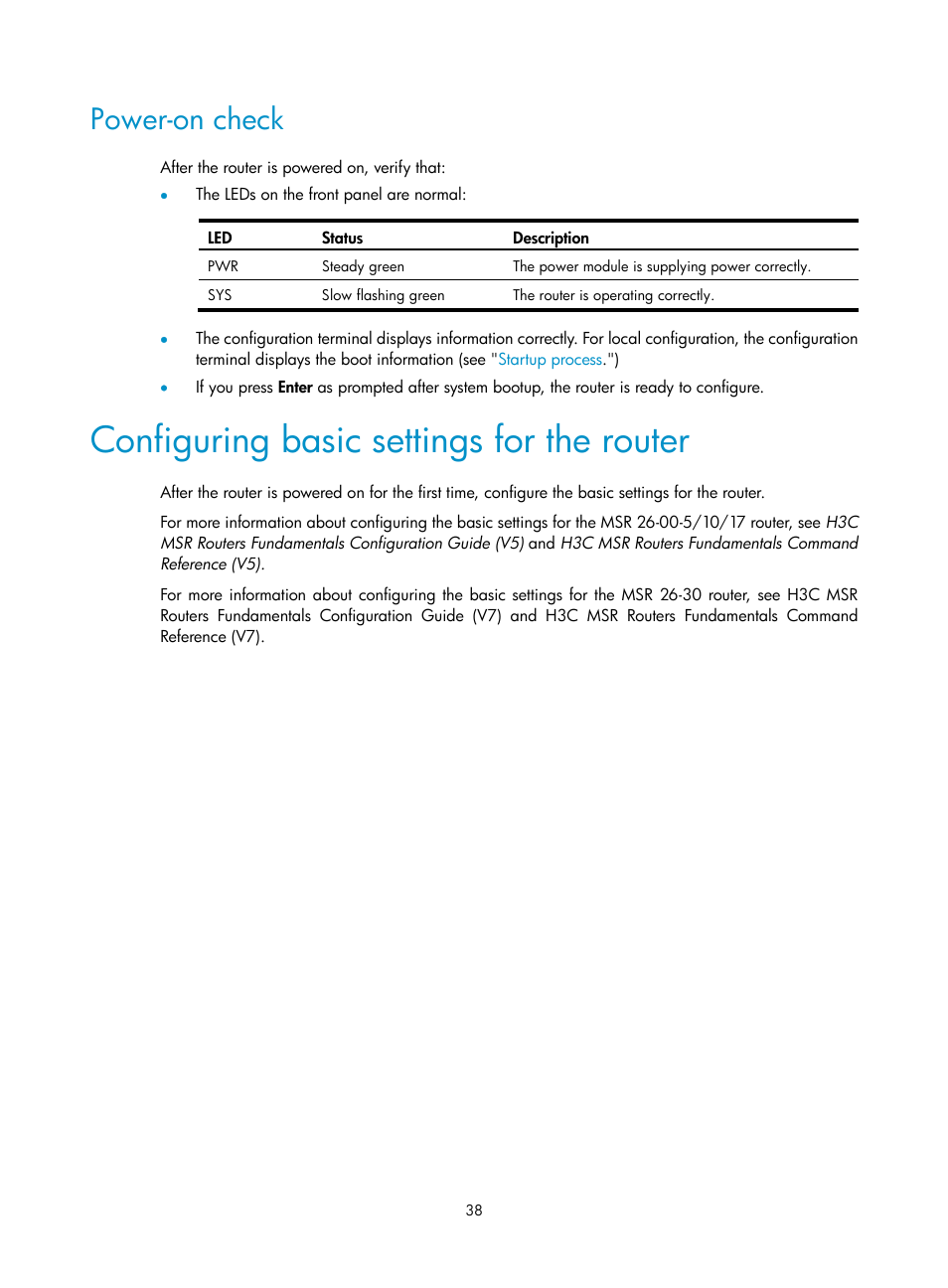 Power-on check, Configuring basic settings for the router | H3C Technologies H3C MSR 2600 User Manual | Page 45 / 65