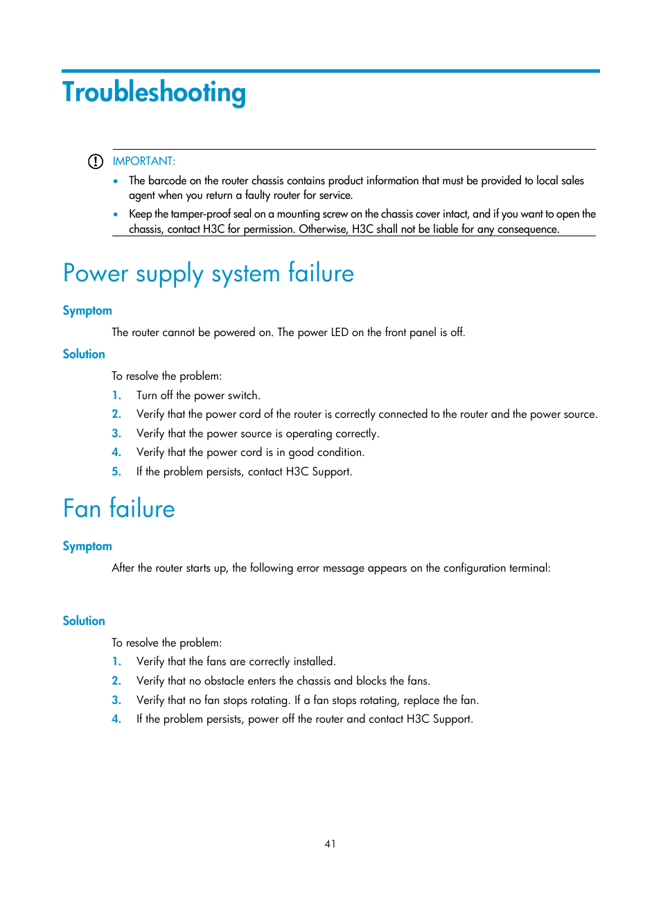 Troubleshooting, Power supply system failure, Symptom | Solution, Fan failure | H3C Technologies H3C MSR 2600 User Manual | Page 48 / 65