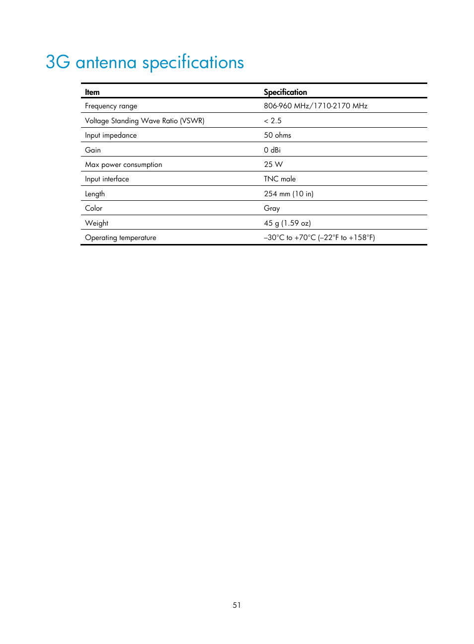 3g antenna specifications | H3C Technologies H3C MSR 2600 User Manual | Page 58 / 65