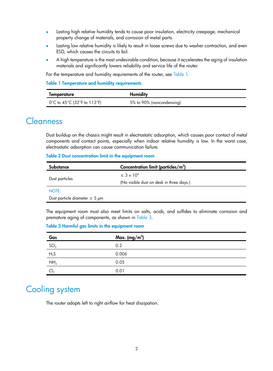 Cleanness, Cooling system | H3C Technologies H3C MSR 2600 User Manual | Page 9 / 65