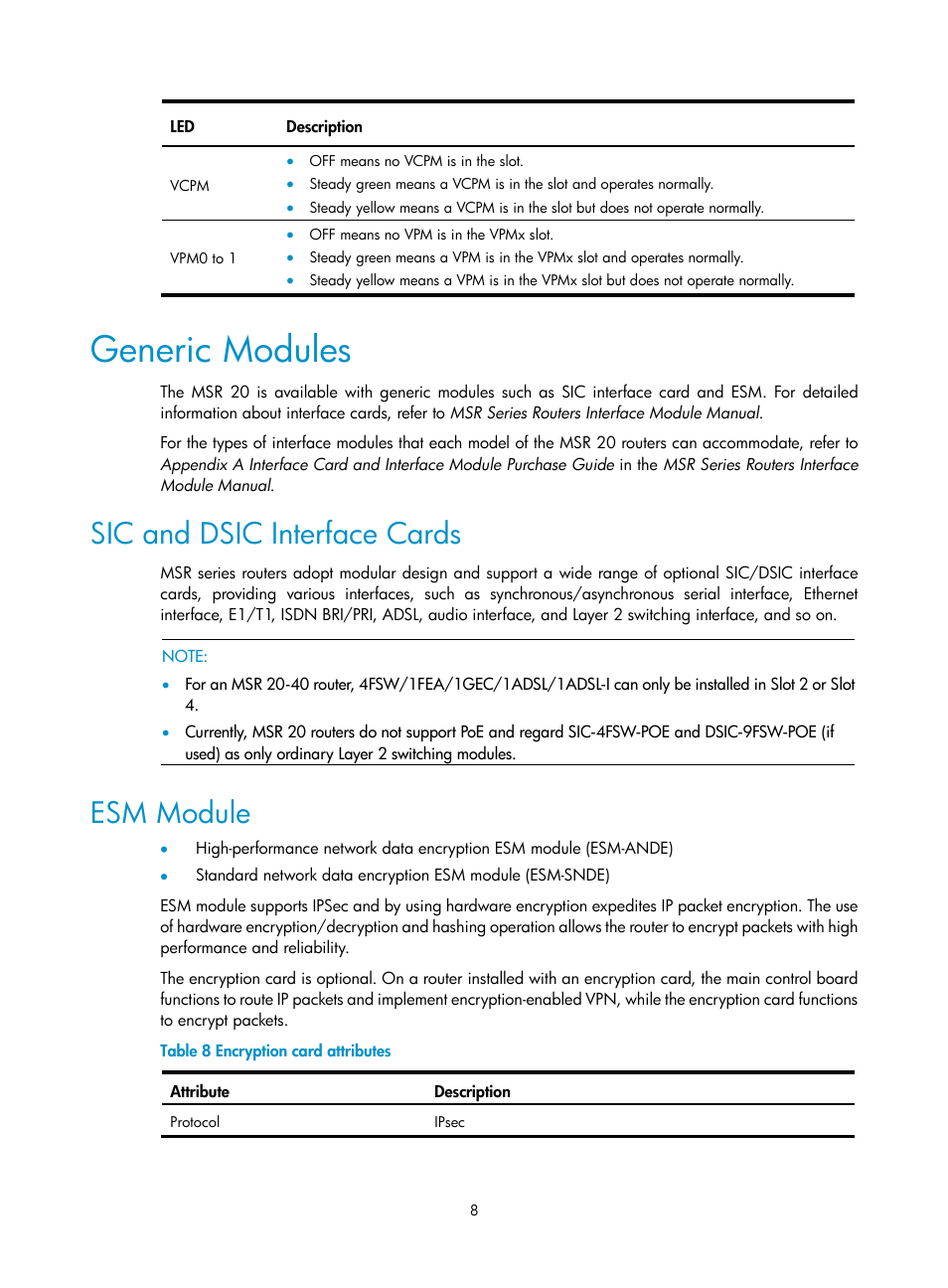 Generic modules, Sic and dsic interface cards, Esm module | H3C Technologies H3C MSR 20-2X[40] User Manual | Page 15 / 77