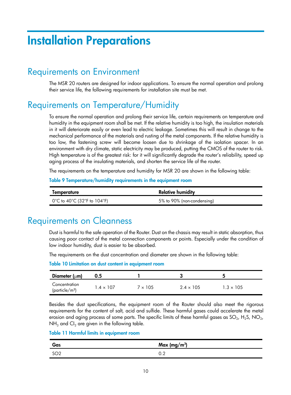 Installation preparations, Requirements on environment, Requirements on temperature/humidity | Requirements on cleanness | H3C Technologies H3C MSR 20-2X[40] User Manual | Page 17 / 77