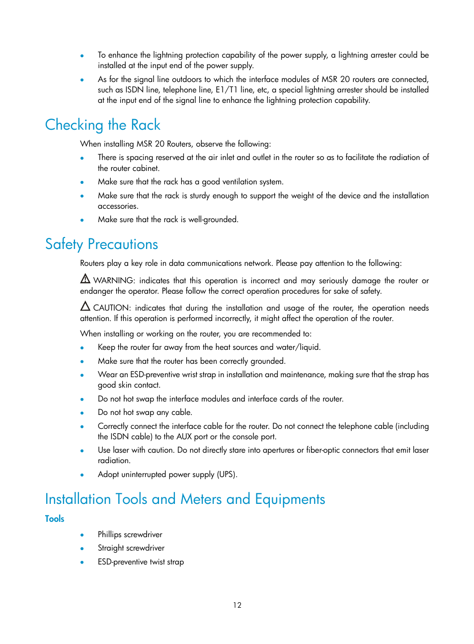 Checking the rack, Safety precautions, Installation tools and meters and equipments | Tools | H3C Technologies H3C MSR 20-2X[40] User Manual | Page 19 / 77