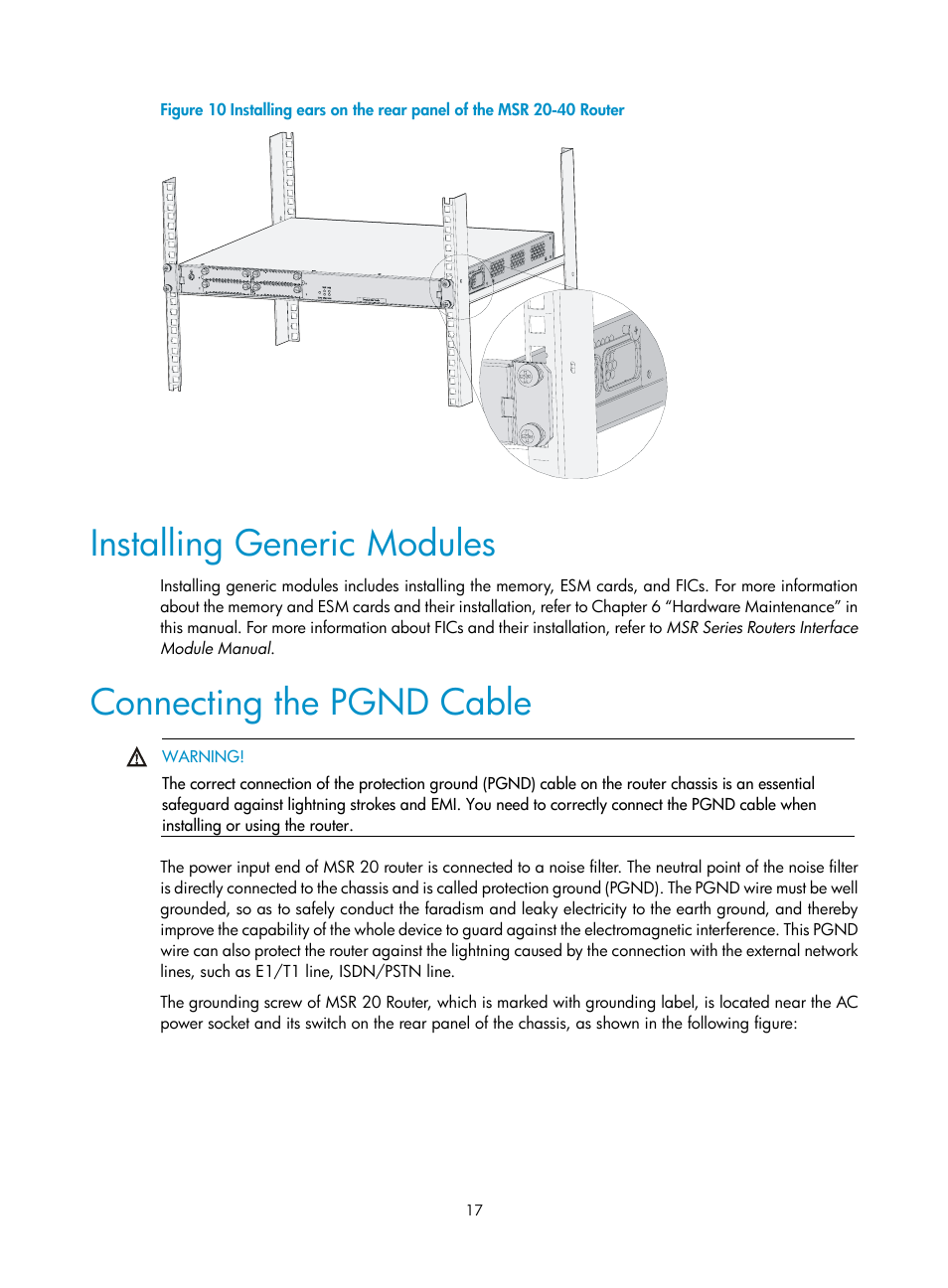 Installing generic modules, Connecting the pgnd cable | H3C Technologies H3C MSR 20-2X[40] User Manual | Page 24 / 77