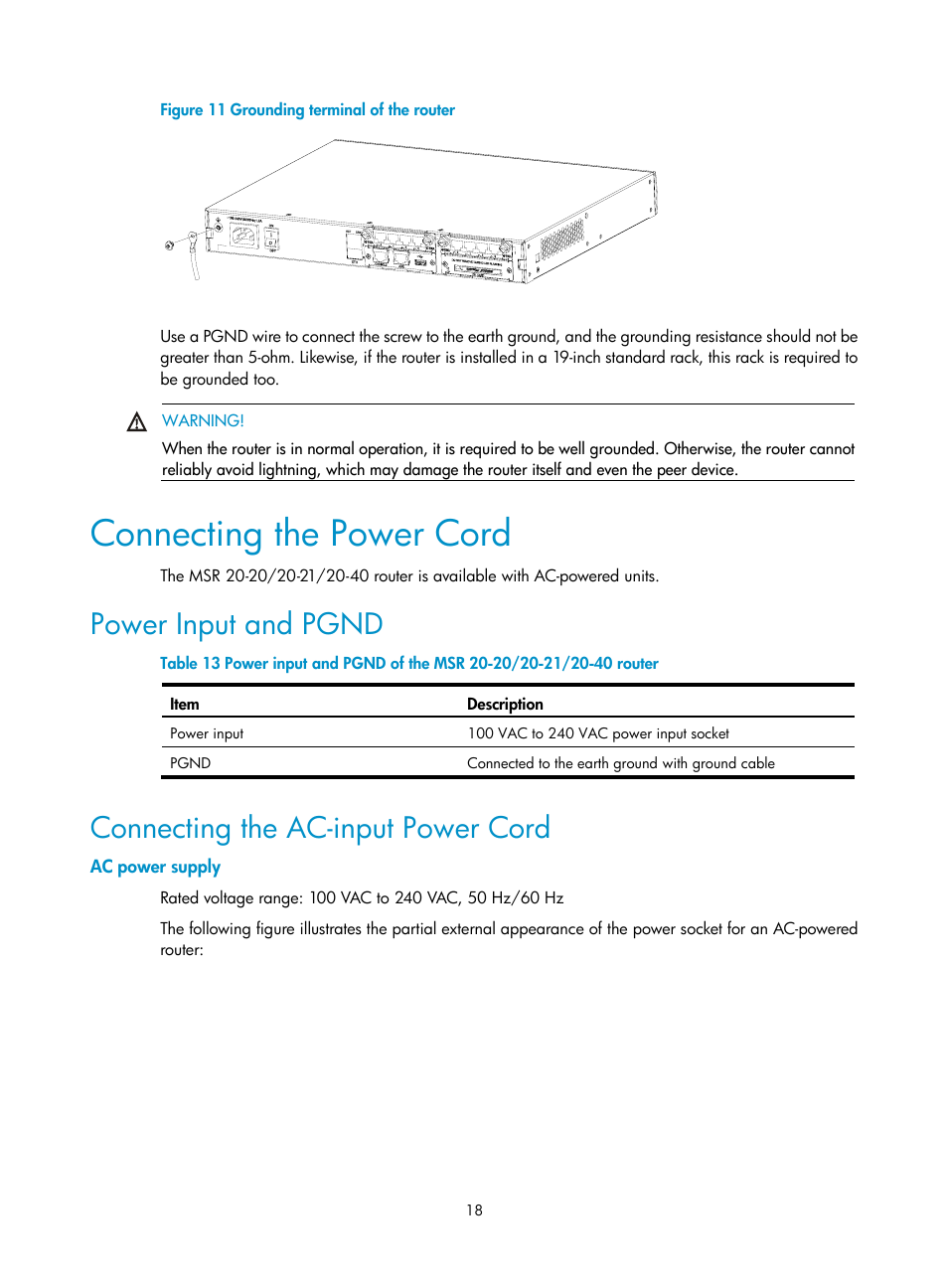 Connecting the power cord, Power input and pgnd, Connecting the ac-input power cord | Ac power supply | H3C Technologies H3C MSR 20-2X[40] User Manual | Page 25 / 77