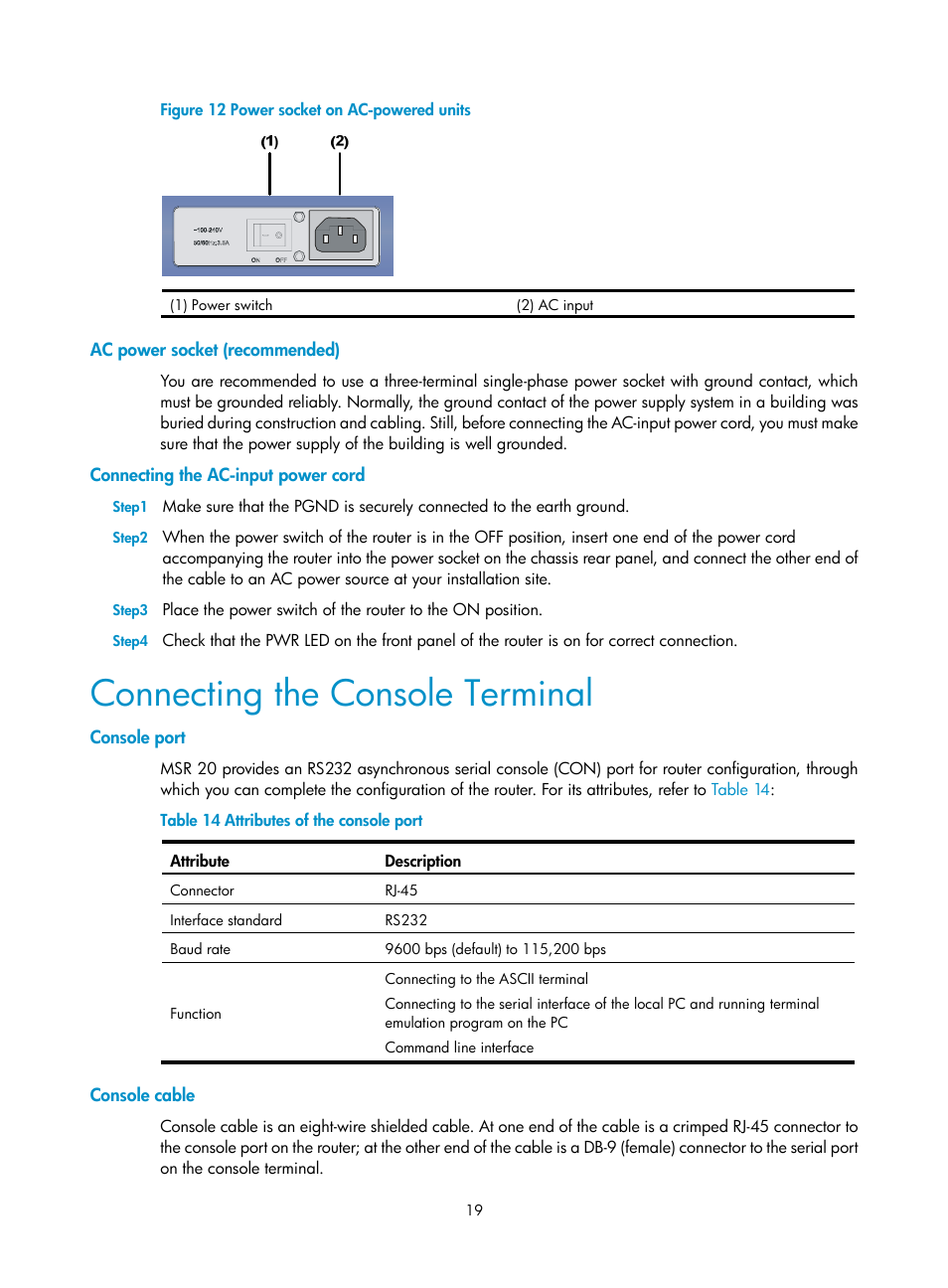 Ac power socket (recommended), Connecting the ac-input power cord, Connecting the console terminal | Console port, Console cable | H3C Technologies H3C MSR 20-2X[40] User Manual | Page 26 / 77