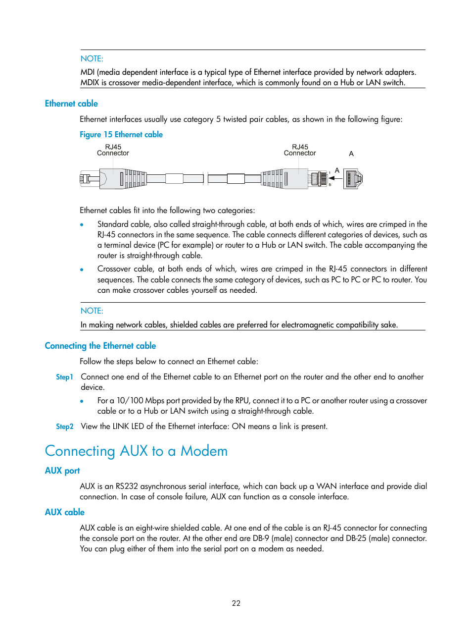 Ethernet cable, Connecting the ethernet cable, Connecting aux to a modem | Aux port, Aux cable | H3C Technologies H3C MSR 20-2X[40] User Manual | Page 29 / 77