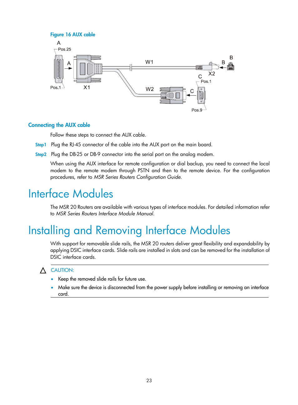 Connecting the aux cable, Interface modules, Installing and removing interface modules | H3C Technologies H3C MSR 20-2X[40] User Manual | Page 30 / 77