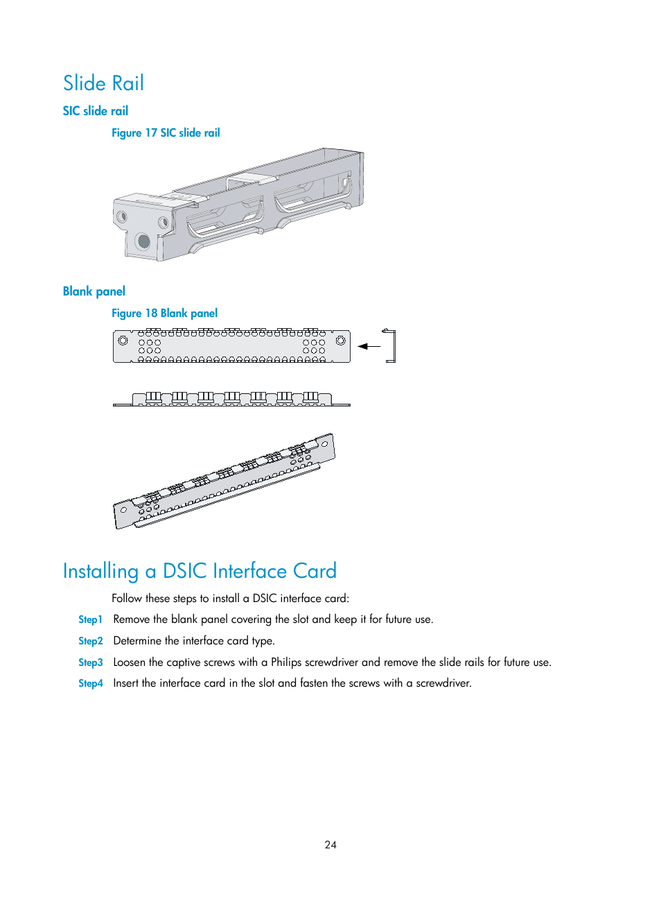 Slide rail, Sic slide rail, Blank panel | Installing a dsic interface card | H3C Technologies H3C MSR 20-2X[40] User Manual | Page 31 / 77