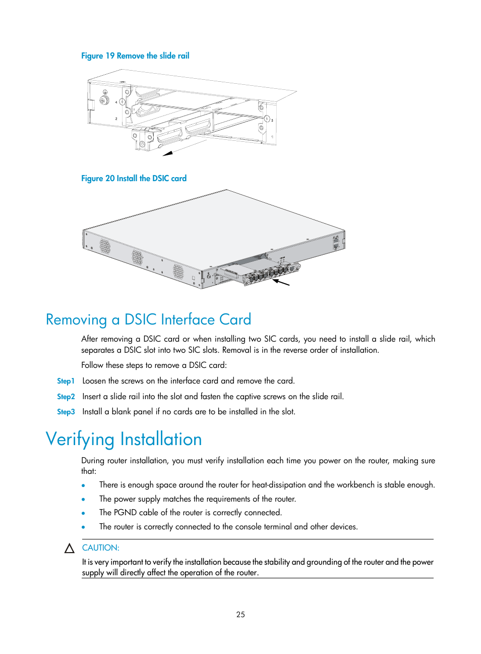 Removing a dsic interface card, Verifying installation | H3C Technologies H3C MSR 20-2X[40] User Manual | Page 32 / 77