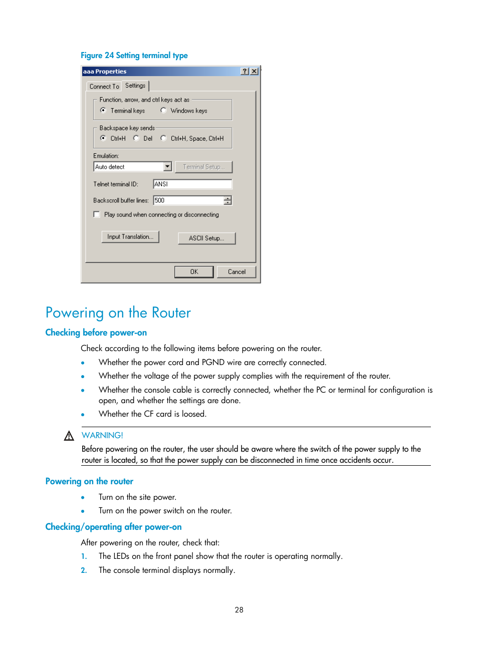 Powering on the router, Checking before power-on, Checking/operating after power-on | H3C Technologies H3C MSR 20-2X[40] User Manual | Page 35 / 77