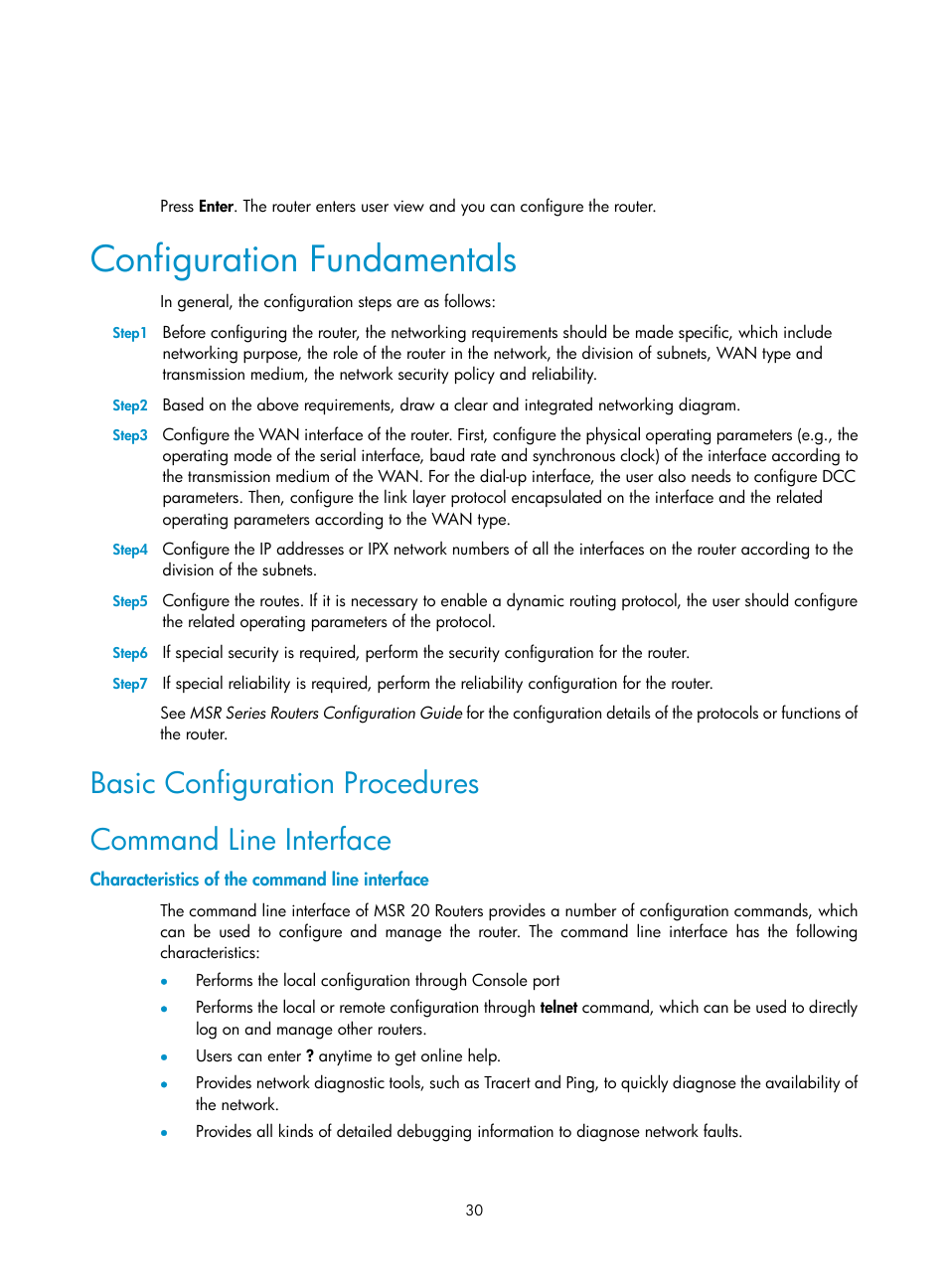 Configuration fundamentals, Basic configuration procedures, Command line interface | Characteristics of the command line interface | H3C Technologies H3C MSR 20-2X[40] User Manual | Page 37 / 77