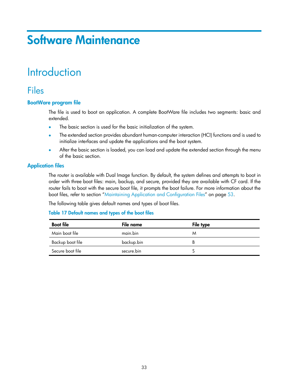 Software maintenance, Introduction, Files | Bootware program file, Application files | H3C Technologies H3C MSR 20-2X[40] User Manual | Page 40 / 77