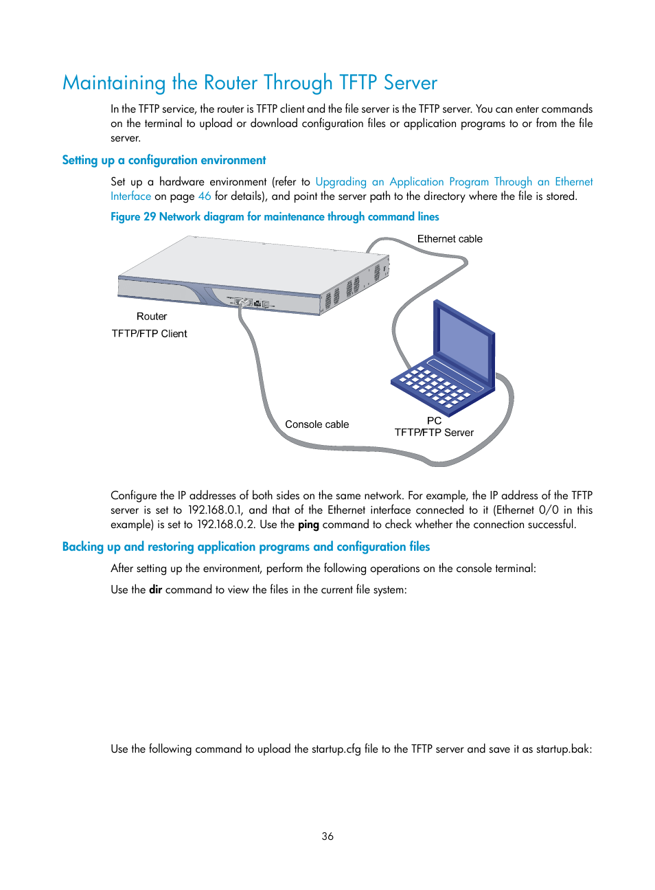 Maintaining the router through tftp server, Setting up a configuration environment | H3C Technologies H3C MSR 20-2X[40] User Manual | Page 43 / 77