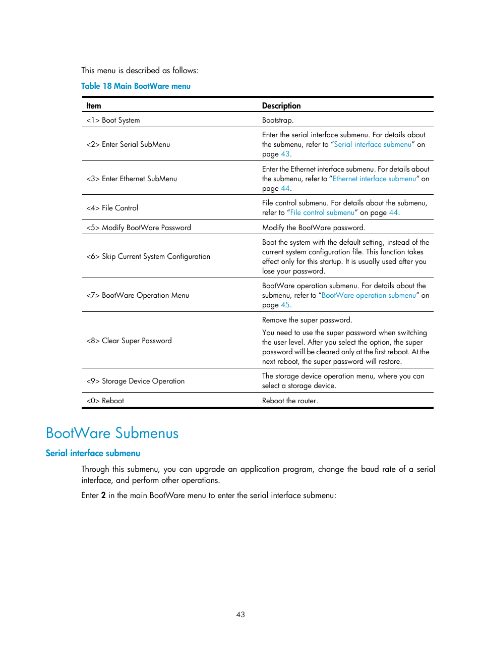 Bootware submenus, Serial interface submenu | H3C Technologies H3C MSR 20-2X[40] User Manual | Page 50 / 77