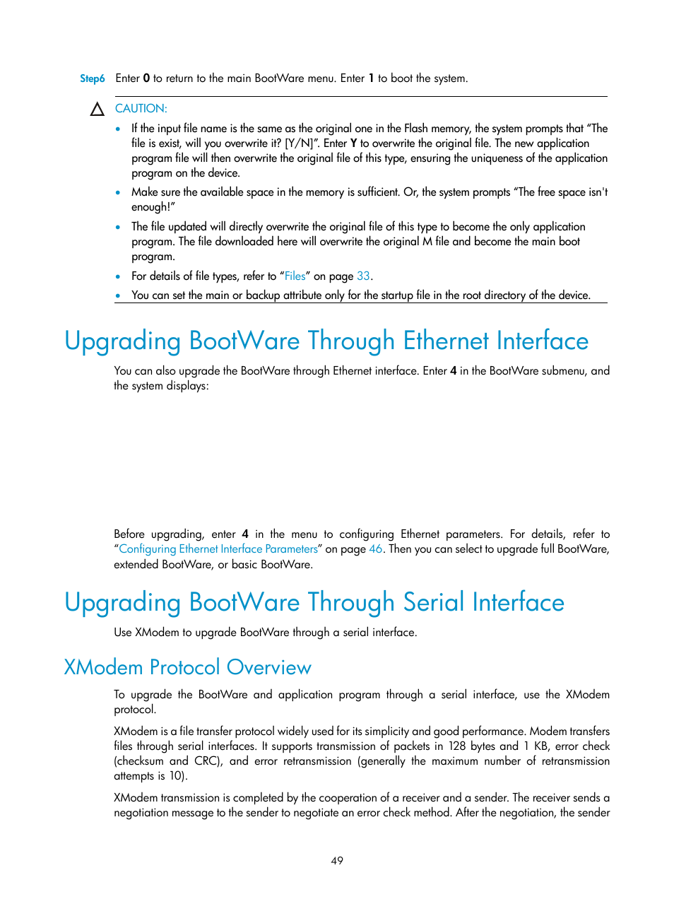 Upgrading bootware through ethernet interface, Upgrading bootware through serial interface, Xmodem protocol overview | H3C Technologies H3C MSR 20-2X[40] User Manual | Page 56 / 77