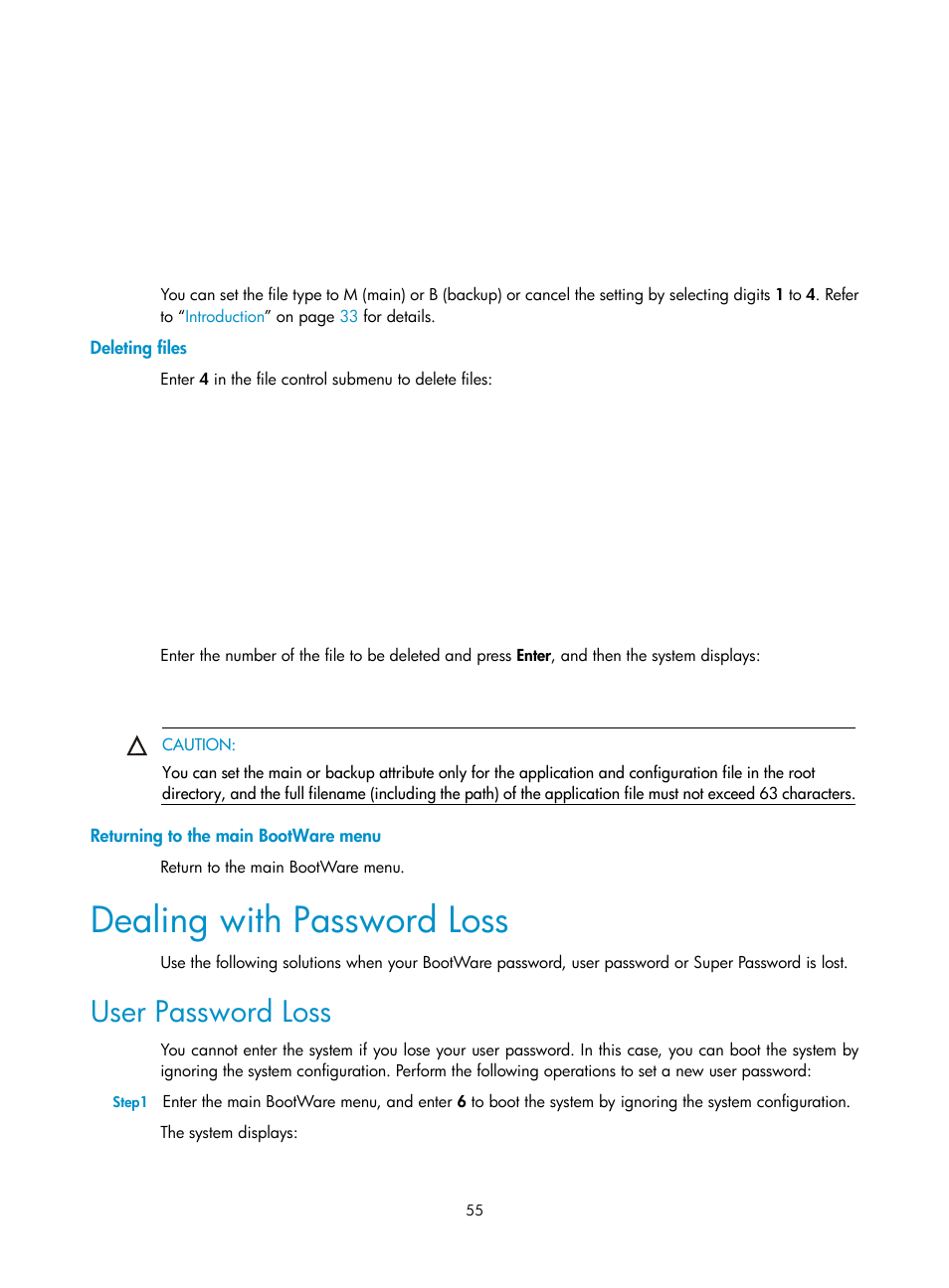 Deleting files, Returning to the main bootware menu, Dealing with password loss | User password loss | H3C Technologies H3C MSR 20-2X[40] User Manual | Page 62 / 77