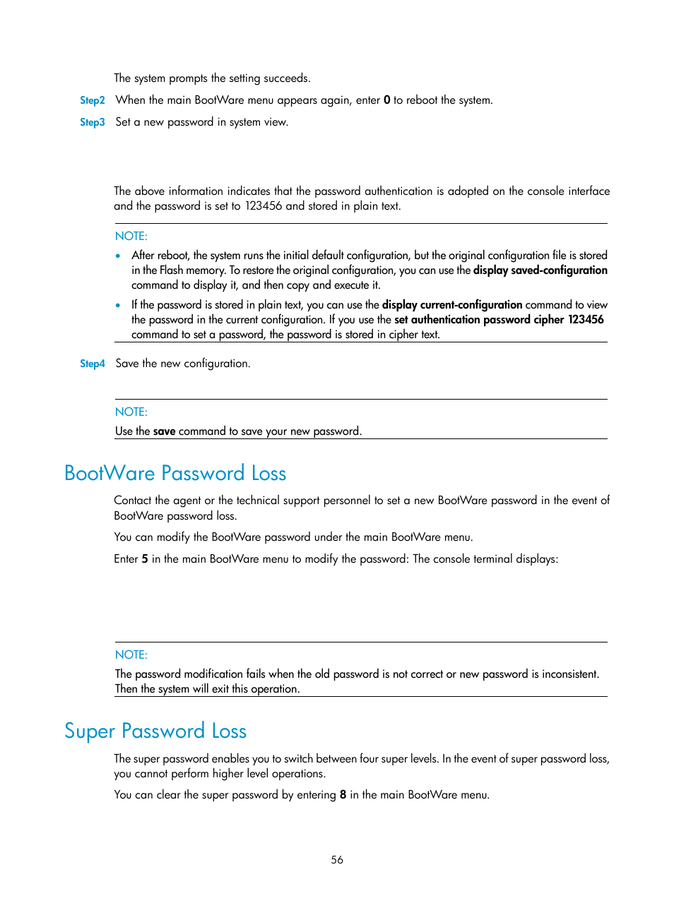 Bootware password loss, Super password loss | H3C Technologies H3C MSR 20-2X[40] User Manual | Page 63 / 77