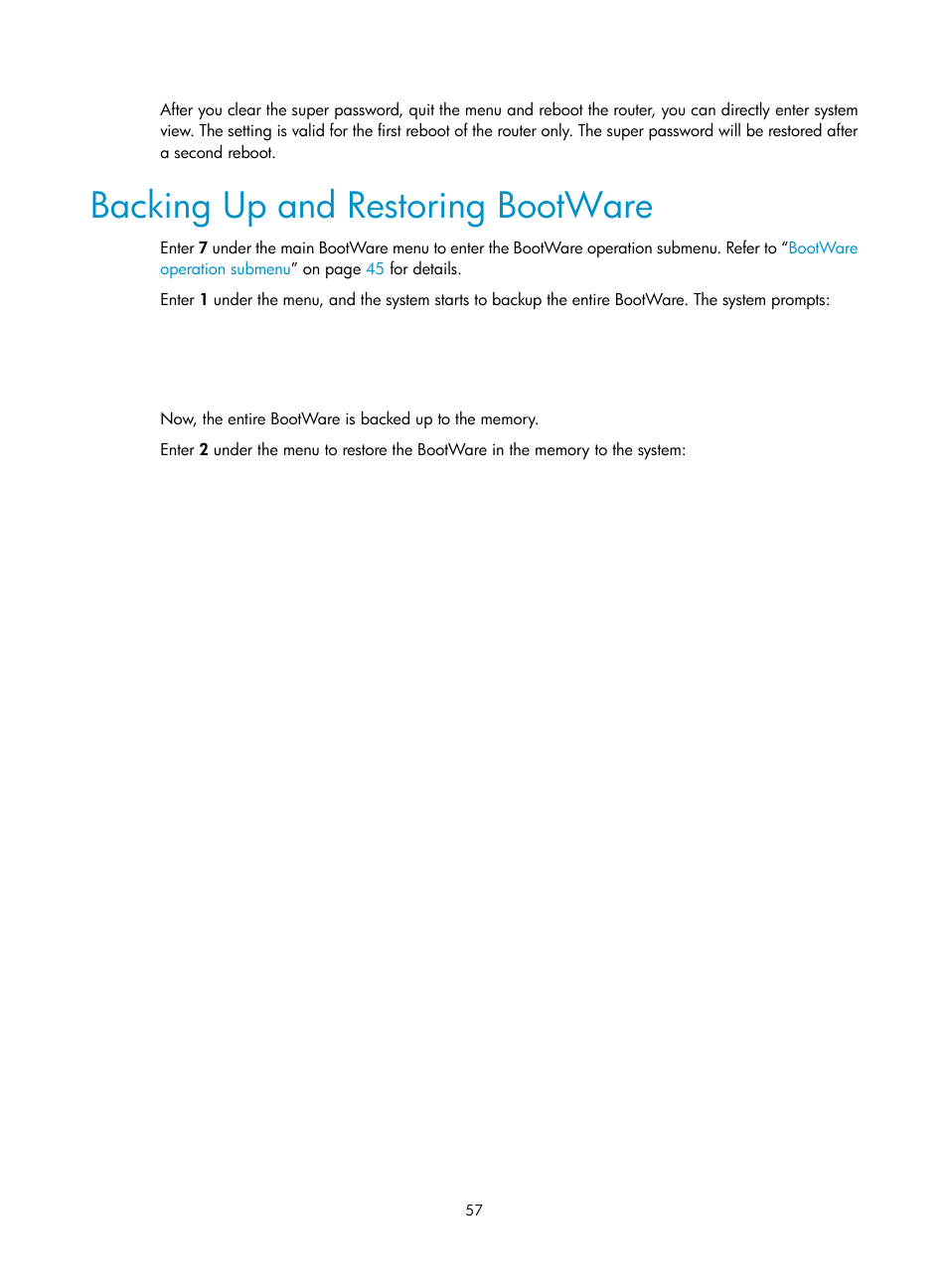 Backing up and restoring bootware | H3C Technologies H3C MSR 20-2X[40] User Manual | Page 64 / 77