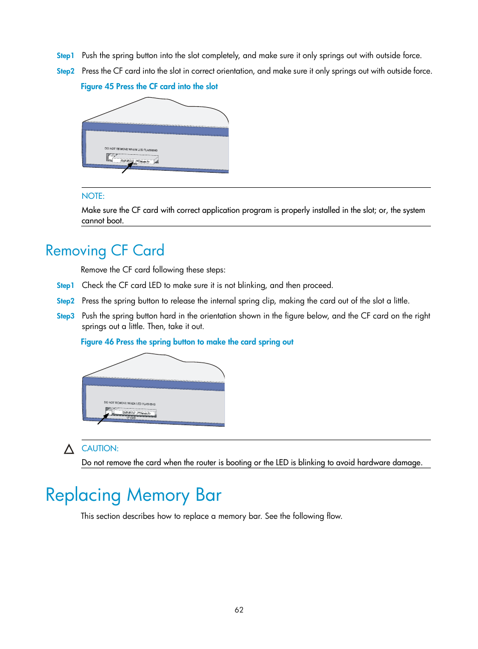 Removing cf card, Replacing memory bar | H3C Technologies H3C MSR 20-2X[40] User Manual | Page 69 / 77