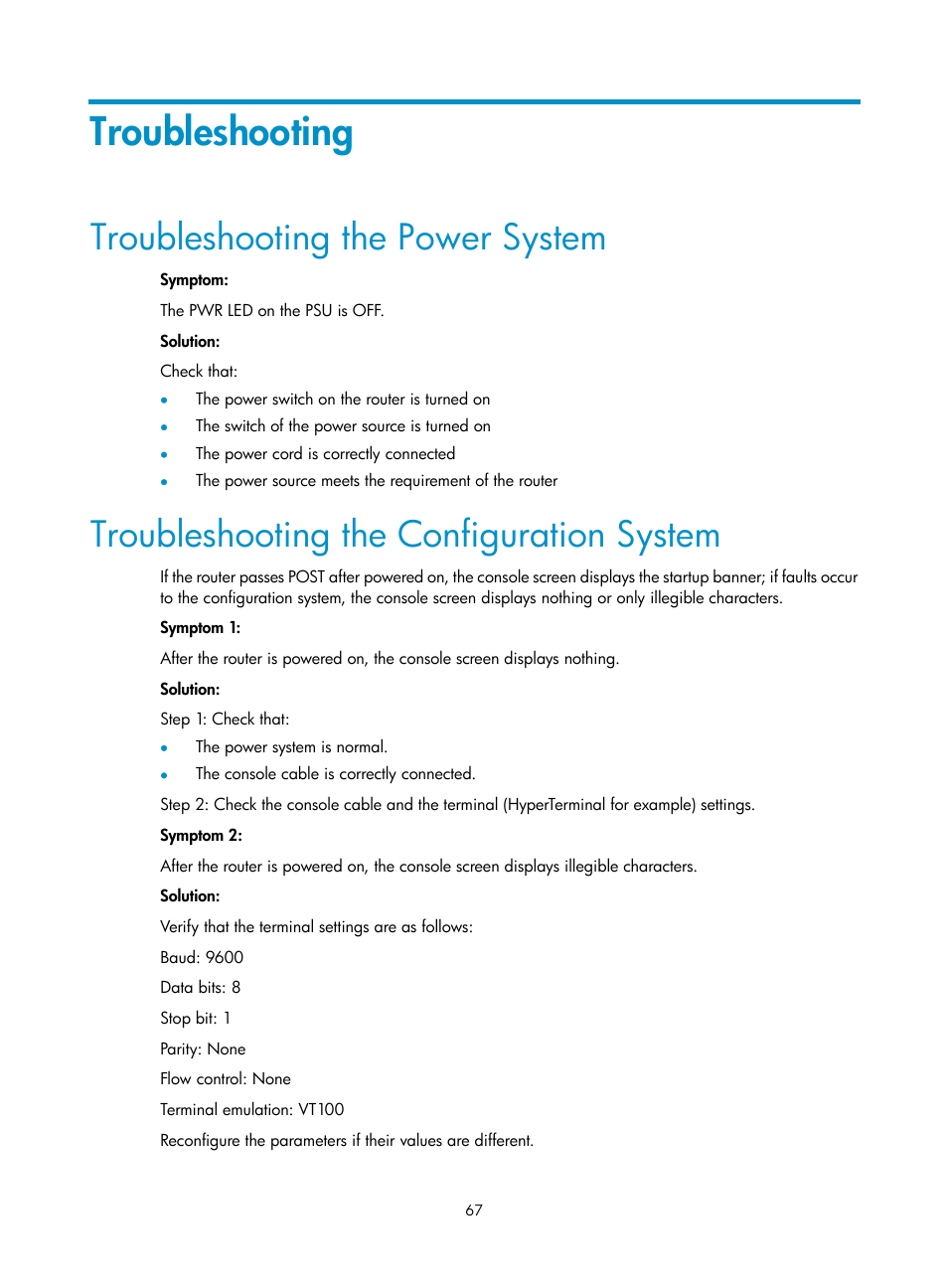 Troubleshooting, Troubleshooting the power system, Troubleshooting the configuration system | H3C Technologies H3C MSR 20-2X[40] User Manual | Page 74 / 77