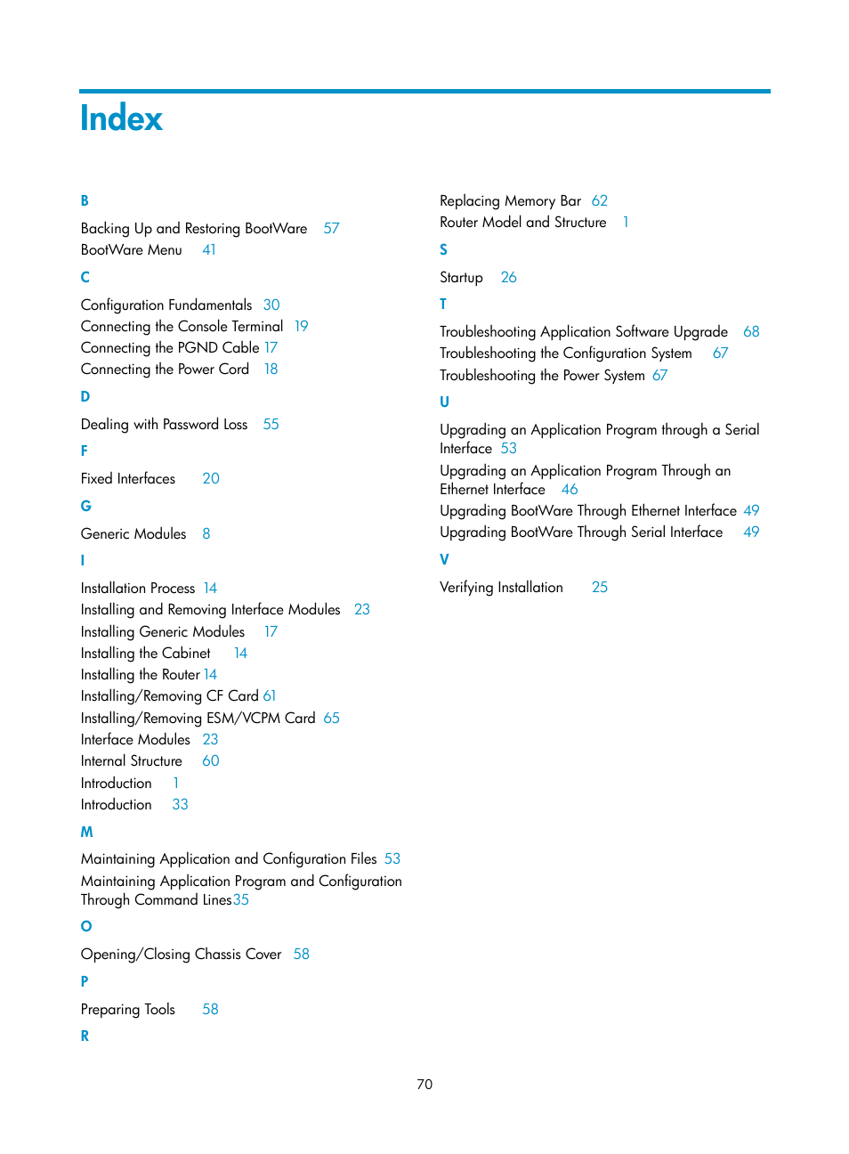 Index | H3C Technologies H3C MSR 20-2X[40] User Manual | Page 77 / 77