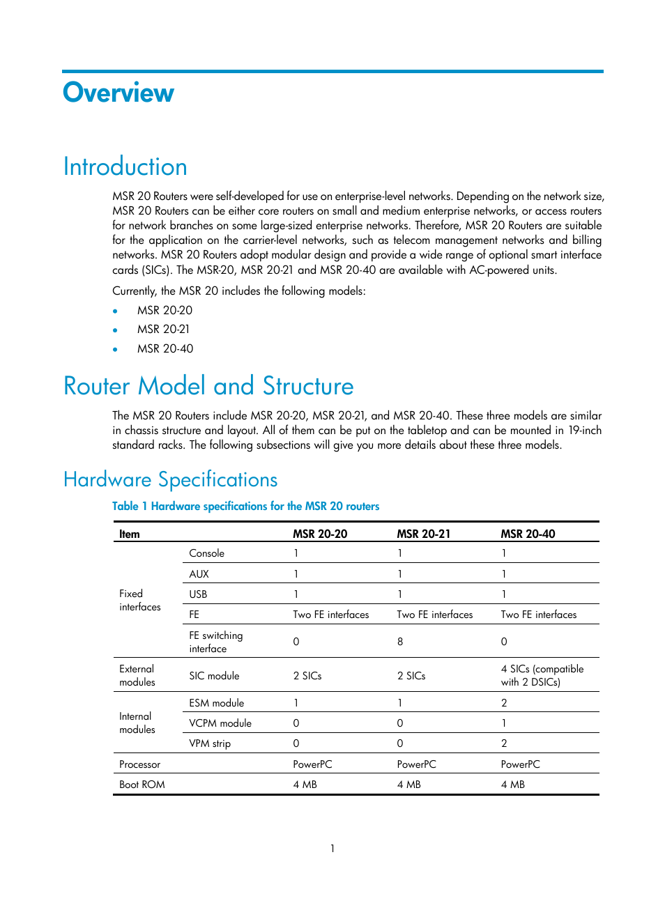 Overview, Introduction, Router model and structure | Hardware specifications | H3C Technologies H3C MSR 20-2X[40] User Manual | Page 8 / 77