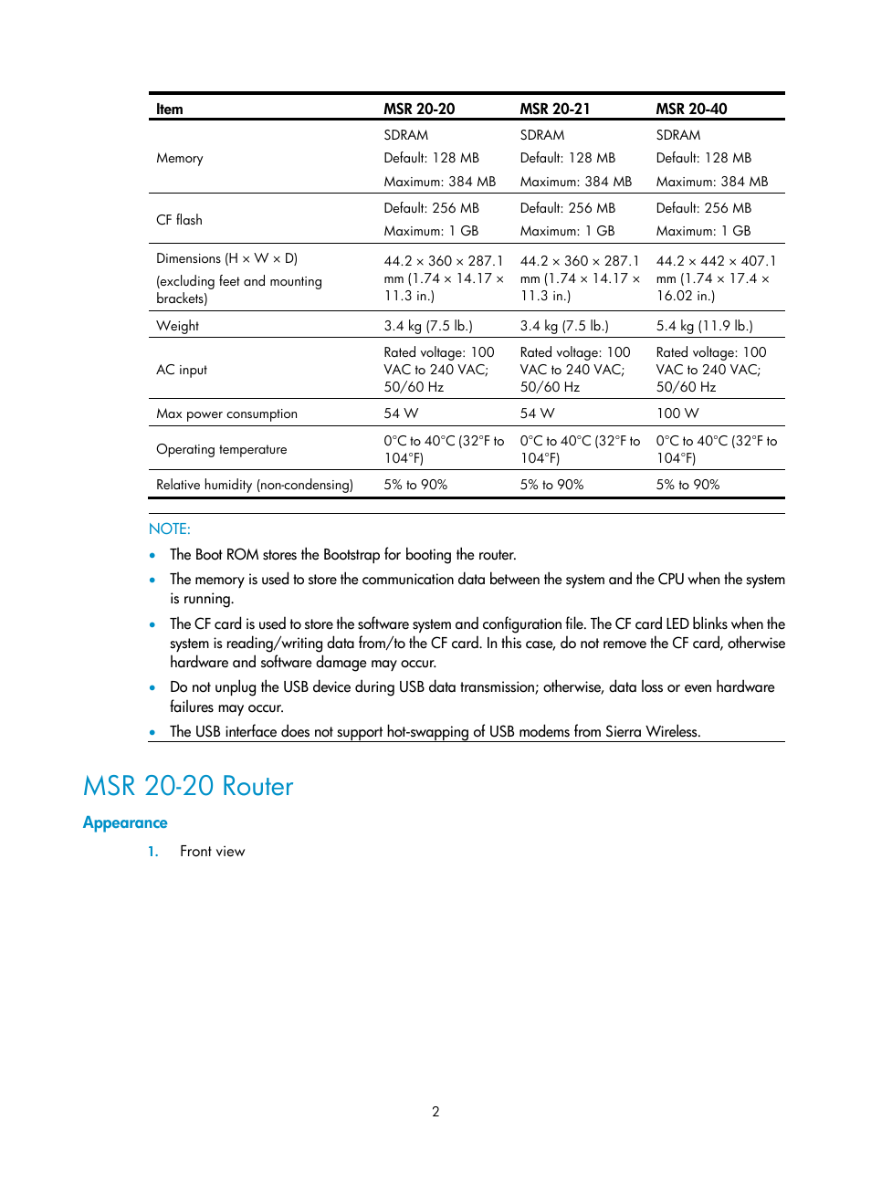 Msr 20-20 router, Appearance | H3C Technologies H3C MSR 20-2X[40] User Manual | Page 9 / 77