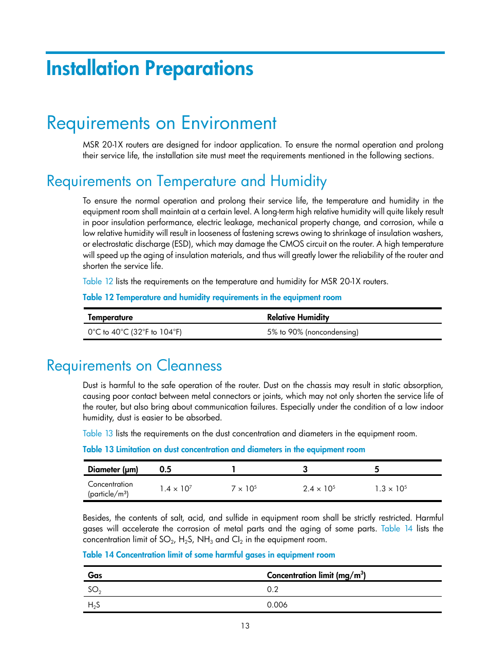 Installation preparations, Requirements on environment, Requirements on temperature and humidity | Requirements on cleanness | H3C Technologies H3C MSR 20-1X User Manual | Page 20 / 75