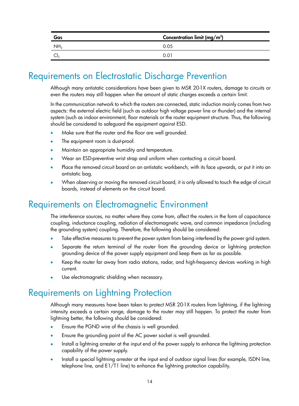 Requirements on electrostatic discharge prevention, Requirements on electromagnetic environment, Requirements on lightning protection | H3C Technologies H3C MSR 20-1X User Manual | Page 21 / 75