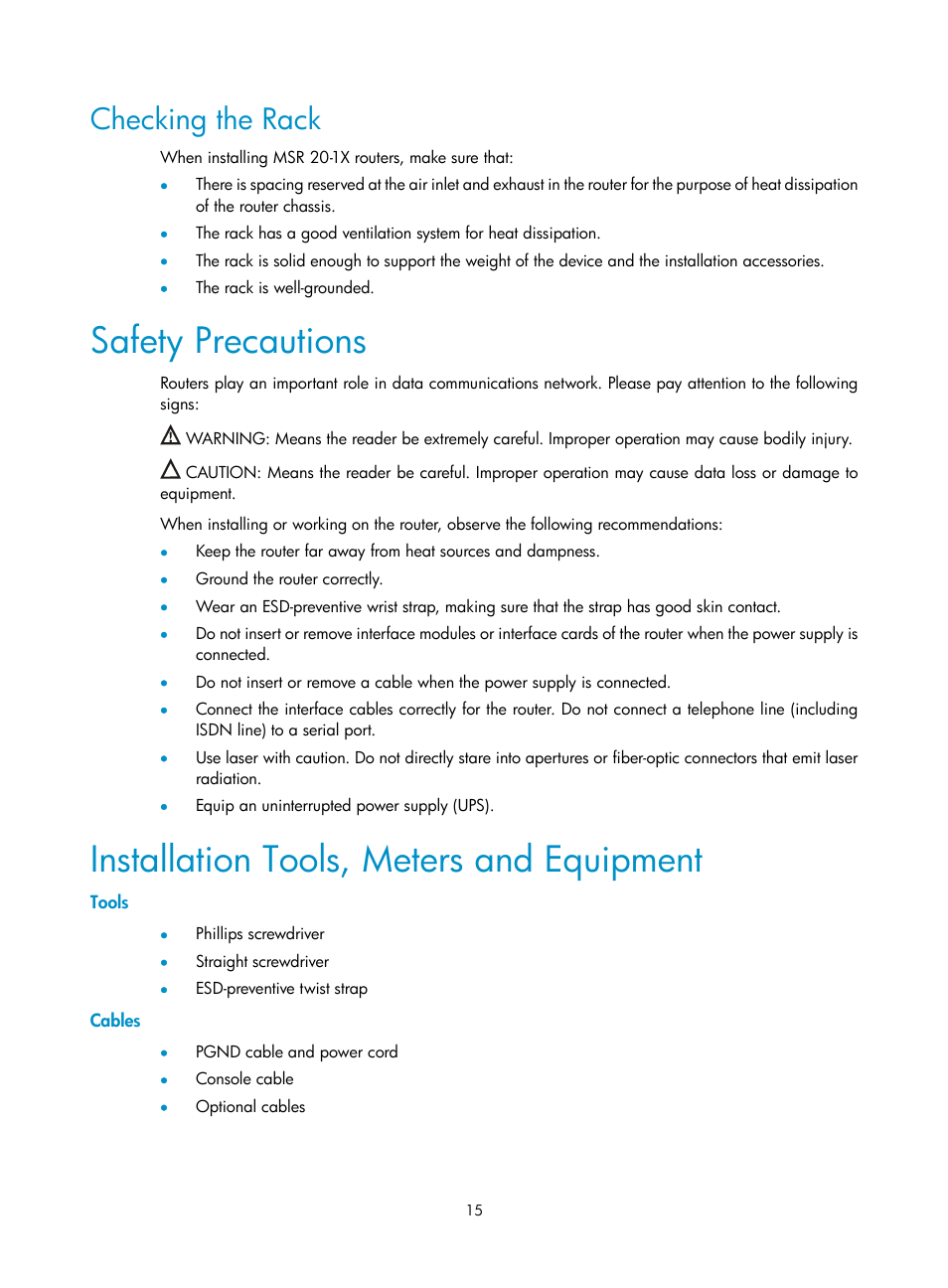 Checking the rack, Safety precautions, Installation tools, meters and equipment | Tools, Cables | H3C Technologies H3C MSR 20-1X User Manual | Page 22 / 75