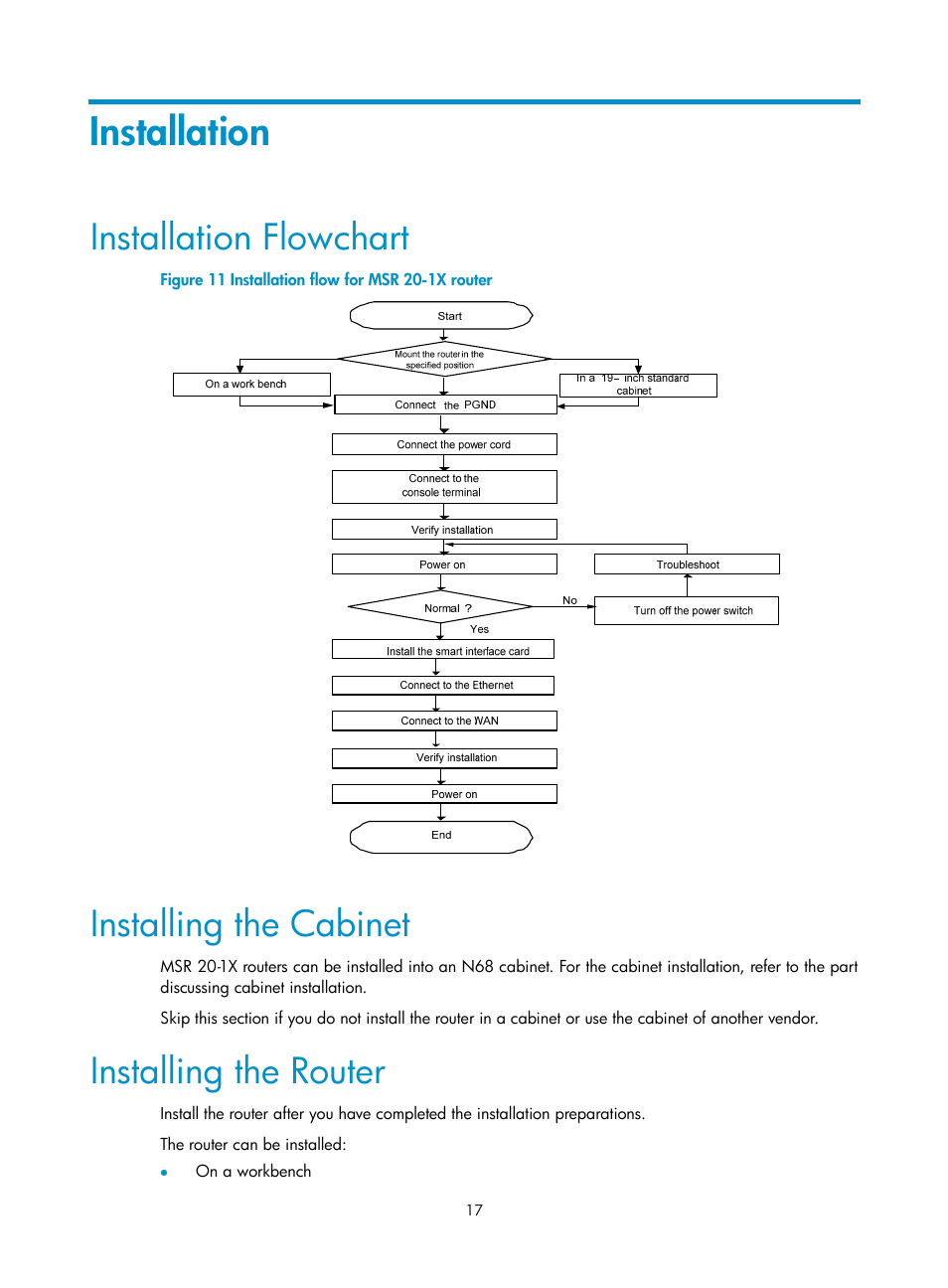 Installation, Installation flowchart, Installing the cabinet | Installing the router | H3C Technologies H3C MSR 20-1X User Manual | Page 24 / 75