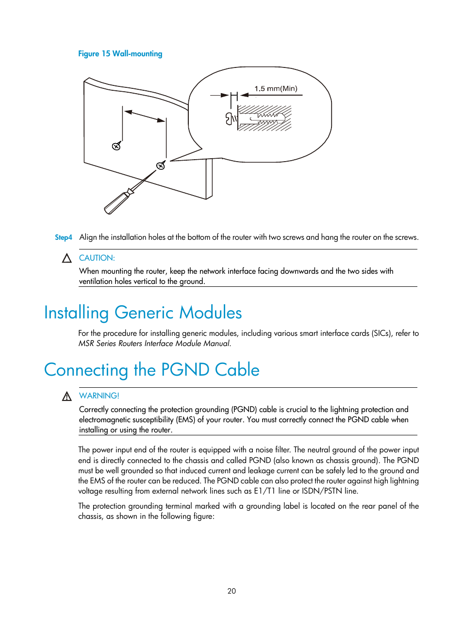 Installing generic modules, Connecting the pgnd cable, Figure 15 | H3C Technologies H3C MSR 20-1X User Manual | Page 27 / 75