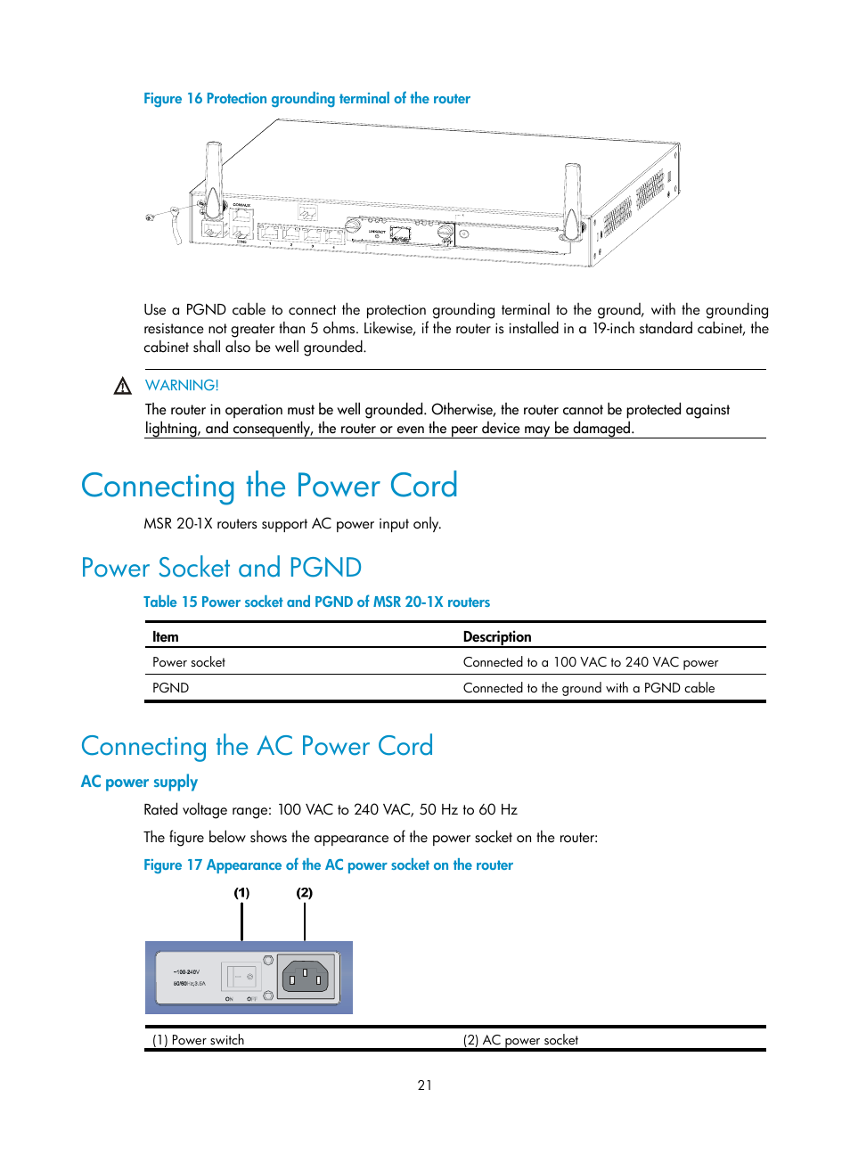 Connecting the power cord, Power socket and pgnd, Connecting the ac power cord | Ac power supply | H3C Technologies H3C MSR 20-1X User Manual | Page 28 / 75