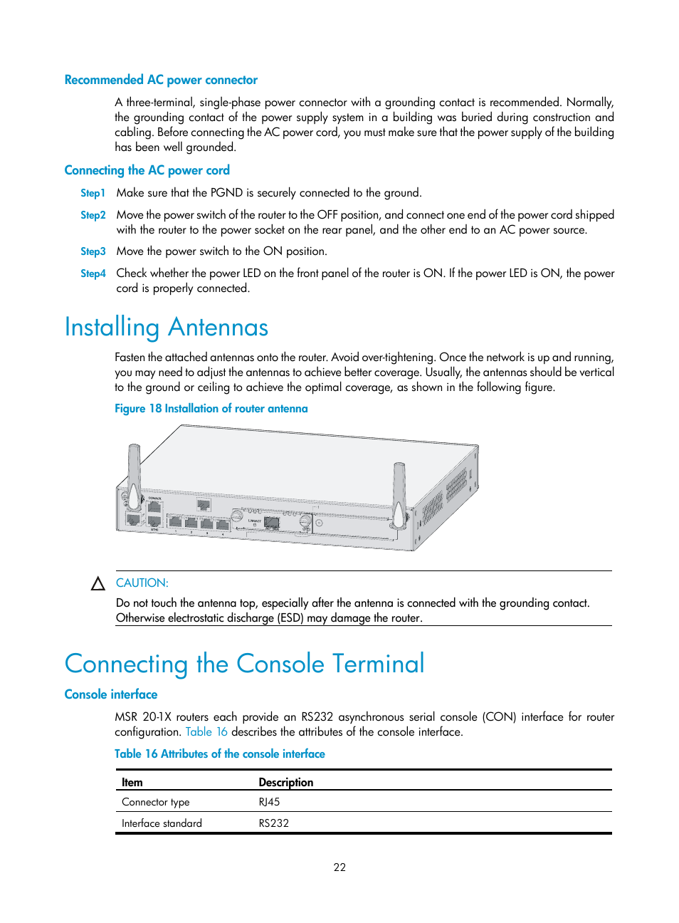 Recommended ac power connector, Connecting the ac power cord, Installing antennas | Connecting the console terminal, Console interface | H3C Technologies H3C MSR 20-1X User Manual | Page 29 / 75