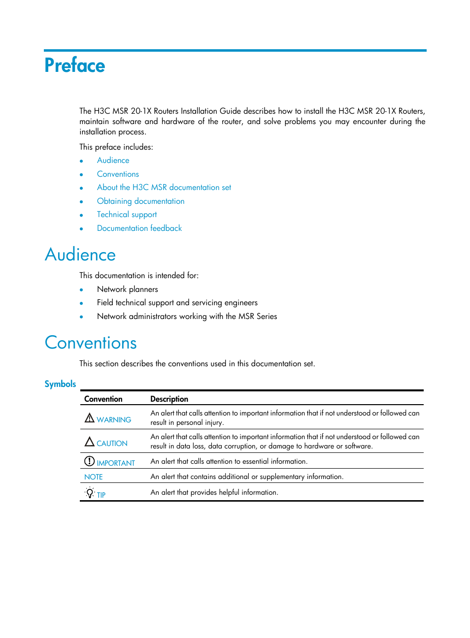 Preface, Audience, Conventions | Symbols | H3C Technologies H3C MSR 20-1X User Manual | Page 3 / 75