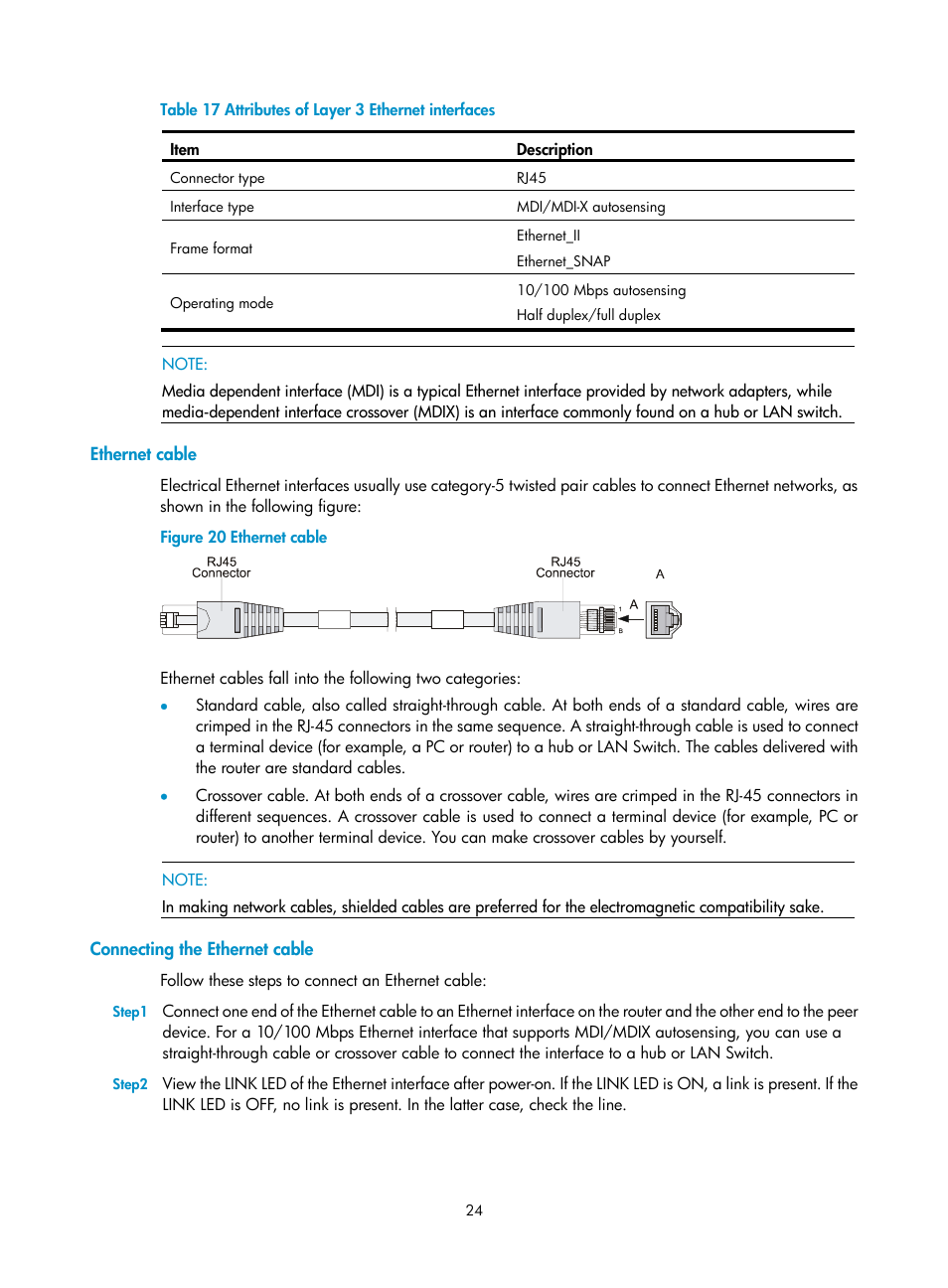 Ethernet cable, Connecting the ethernet cable | H3C Technologies H3C MSR 20-1X User Manual | Page 31 / 75