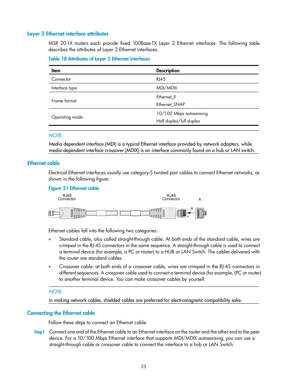 Layer 2 ethernet interface attributes, Ethernet cable, Connecting the ethernet cable | H3C Technologies H3C MSR 20-1X User Manual | Page 32 / 75