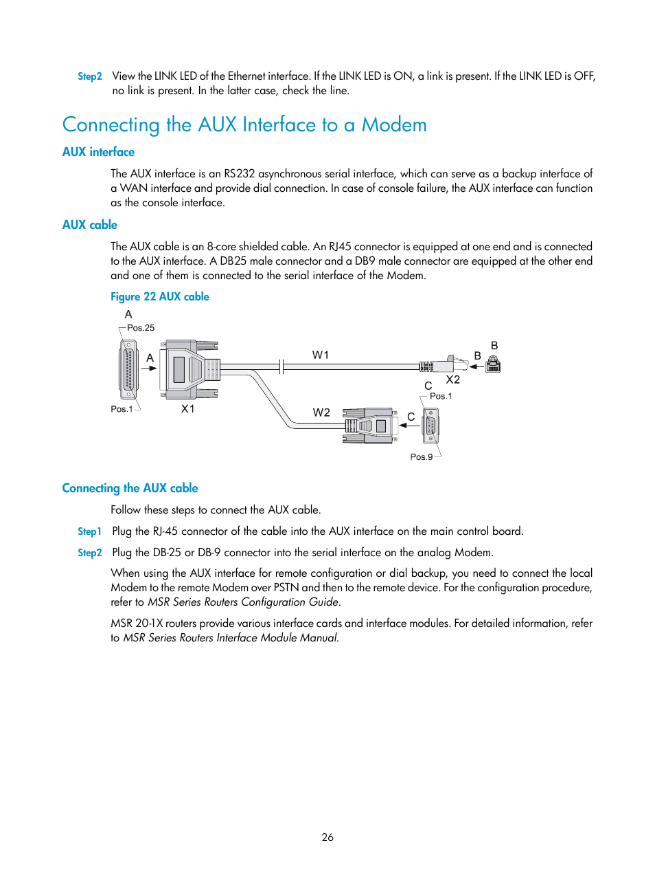 Connecting the aux interface to a modem, Aux interface, Aux cable | Connecting the aux cable | H3C Technologies H3C MSR 20-1X User Manual | Page 33 / 75