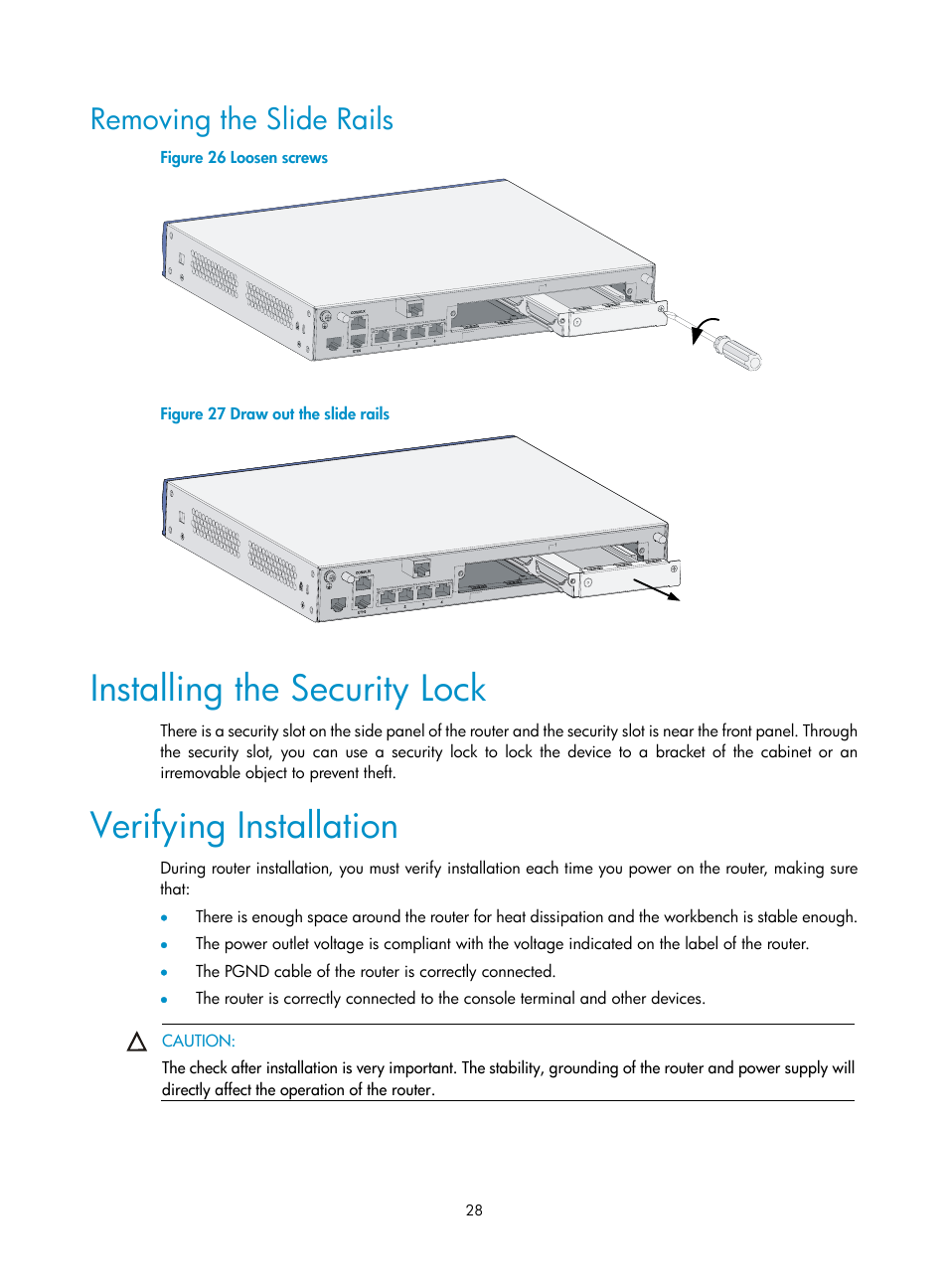 Removing the slide rails, Installing the security lock, Verifying installation | H3C Technologies H3C MSR 20-1X User Manual | Page 35 / 75