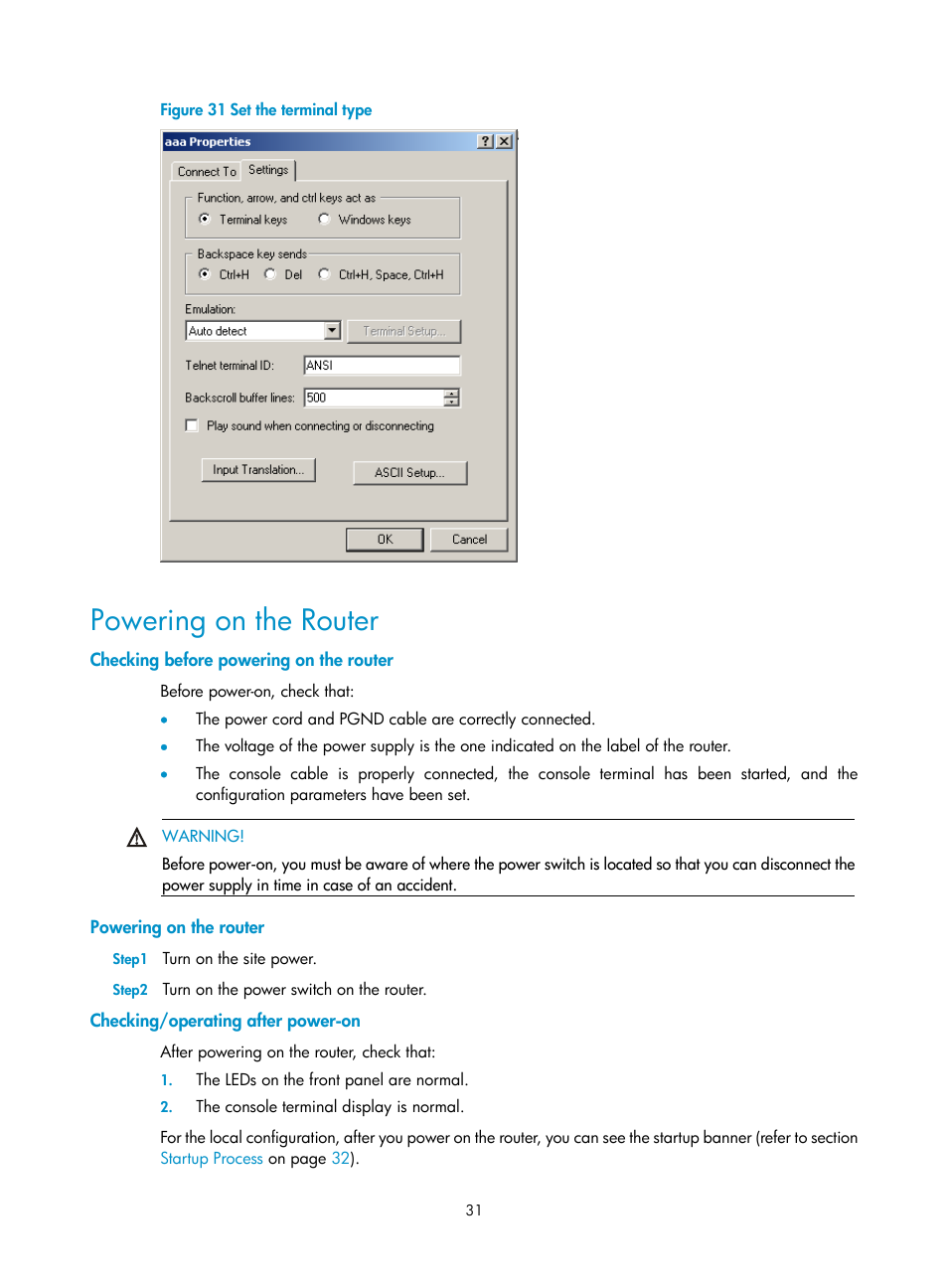 Powering on the router, Checking before powering on the router, Checking/operating after power-on | H3C Technologies H3C MSR 20-1X User Manual | Page 38 / 75