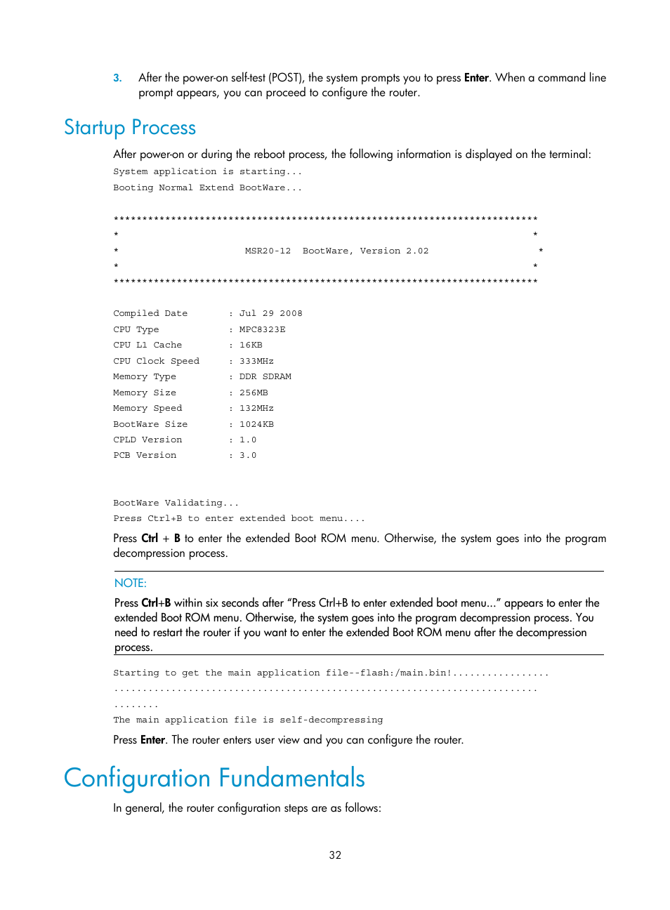 Startup process, Configuration fundamentals | H3C Technologies H3C MSR 20-1X User Manual | Page 39 / 75