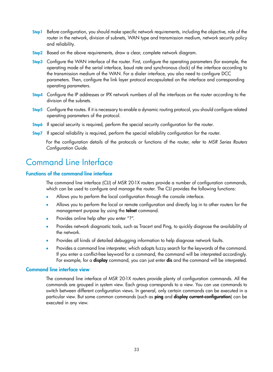 Command line interface, Functions of the command line interface, Command line interface view | H3C Technologies H3C MSR 20-1X User Manual | Page 40 / 75