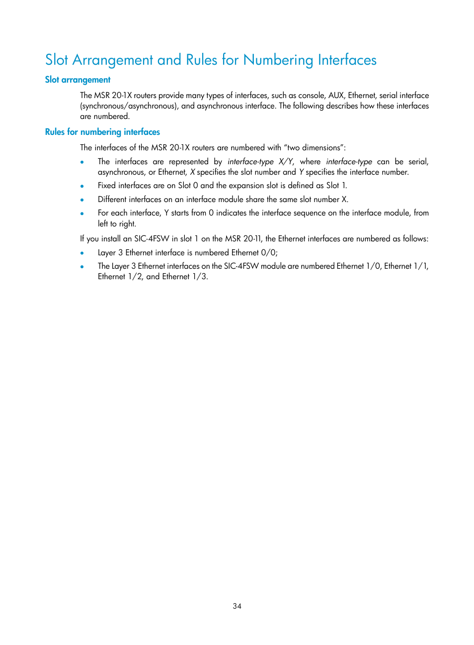 Slot arrangement, Rules for numbering interfaces | H3C Technologies H3C MSR 20-1X User Manual | Page 41 / 75