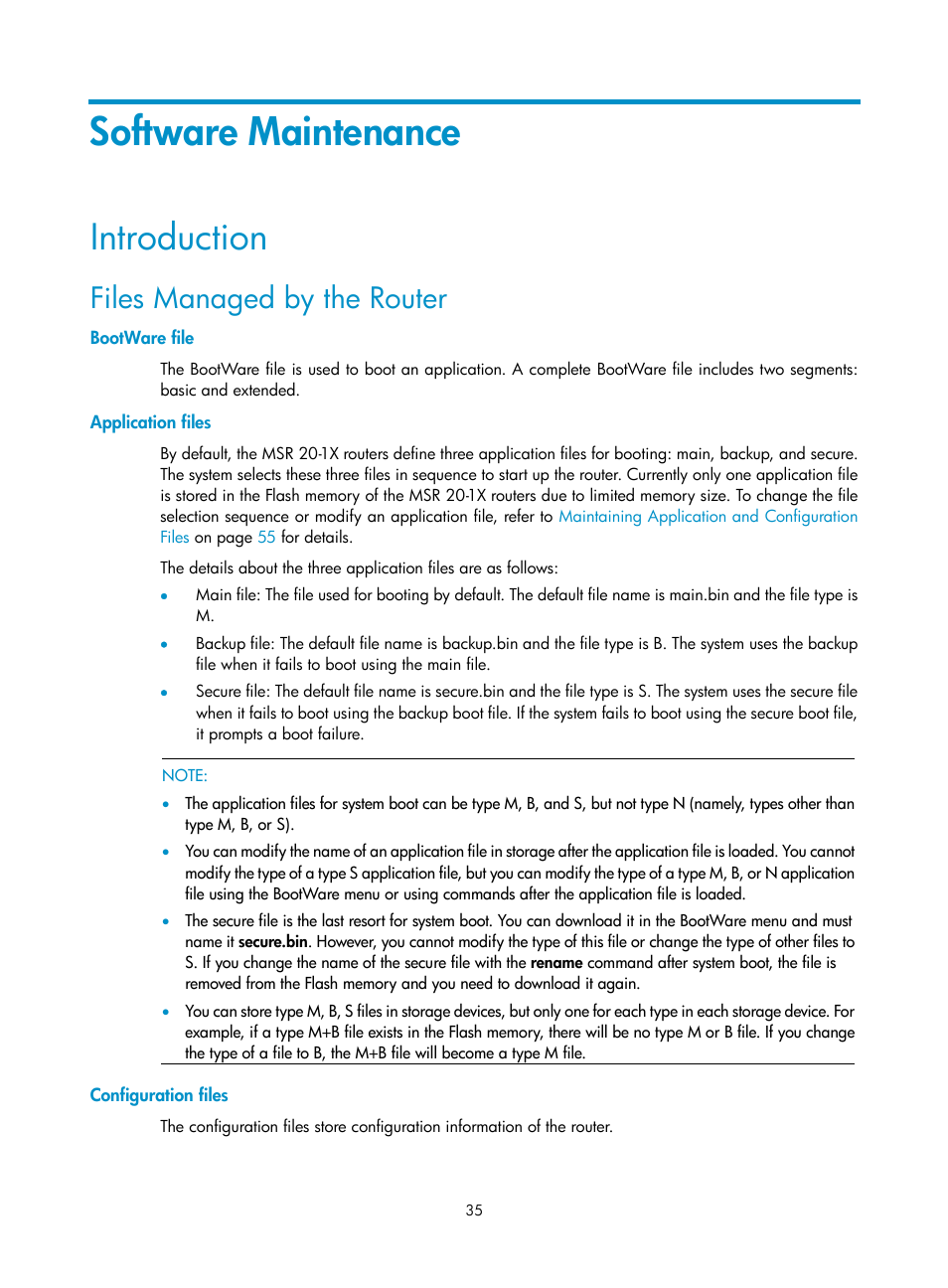 Software maintenance, Introduction, Files managed by the router | Bootware file, Application files, Configuration files | H3C Technologies H3C MSR 20-1X User Manual | Page 42 / 75