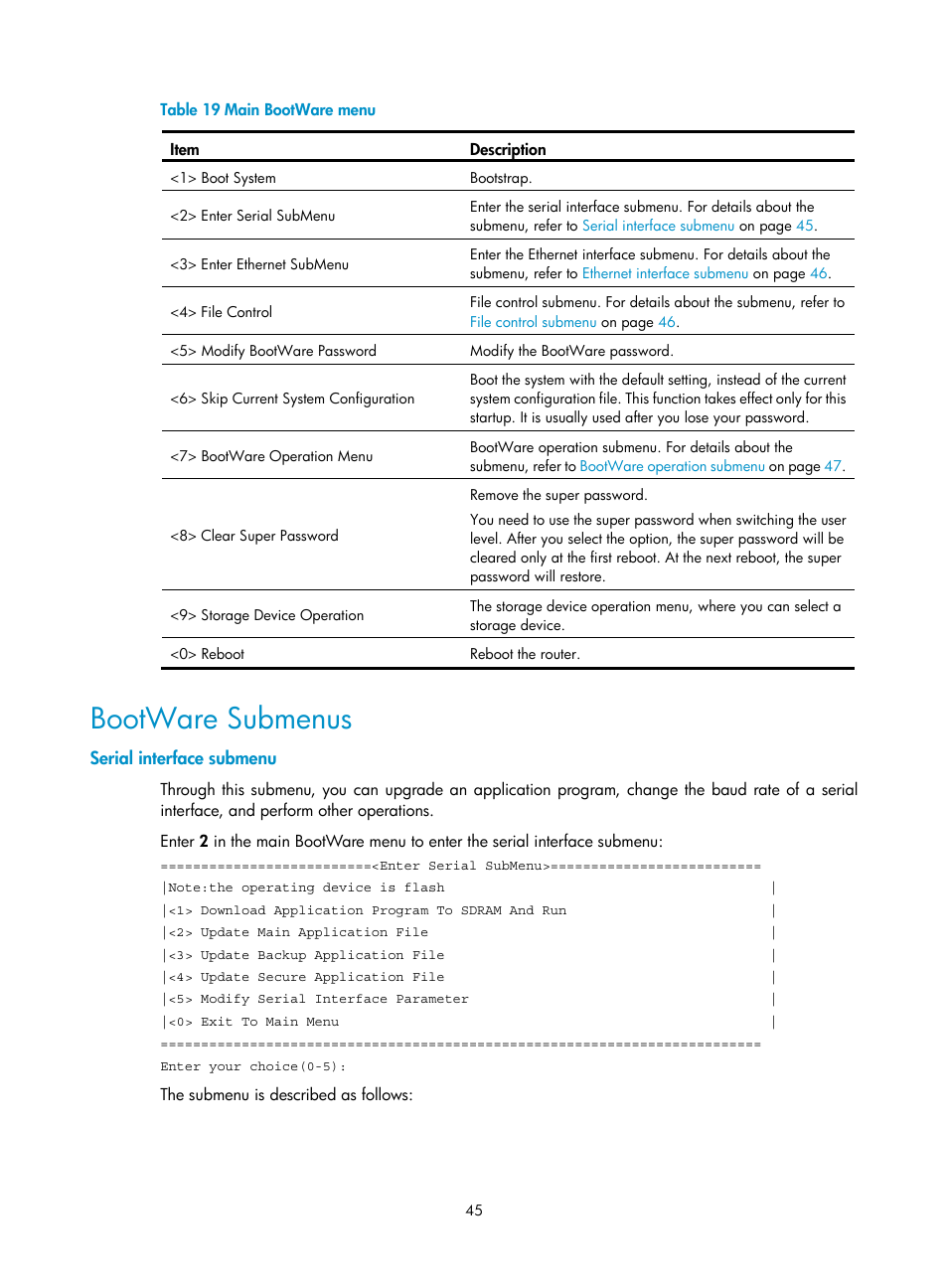 Bootware submenus, Serial interface submenu | H3C Technologies H3C MSR 20-1X User Manual | Page 52 / 75